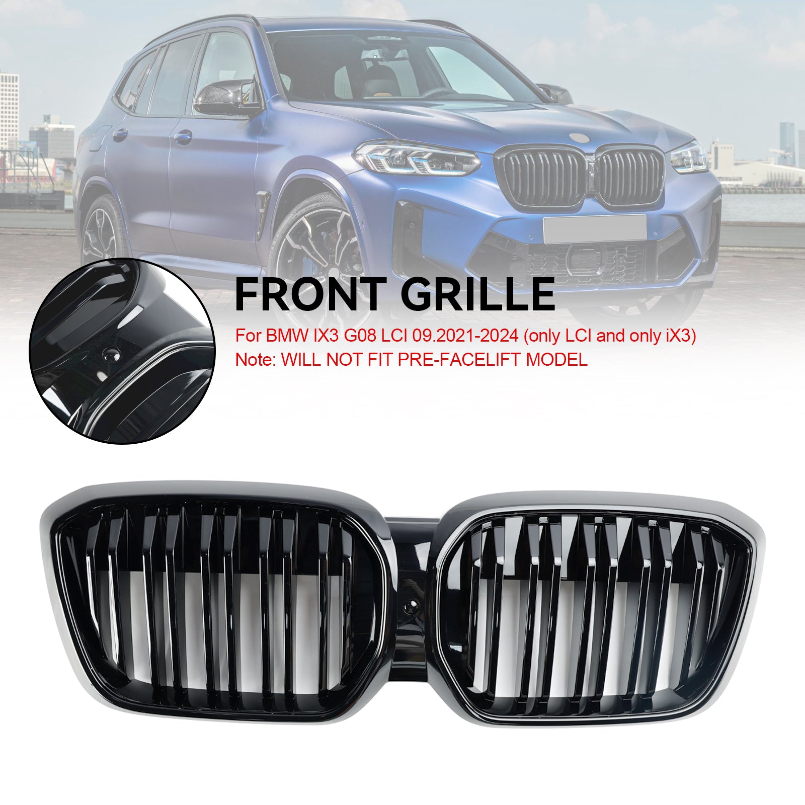 2022 2023 2024 BMW IX3 G08 LCI Double Slat Gloss Black Front Kidney Grill Grille