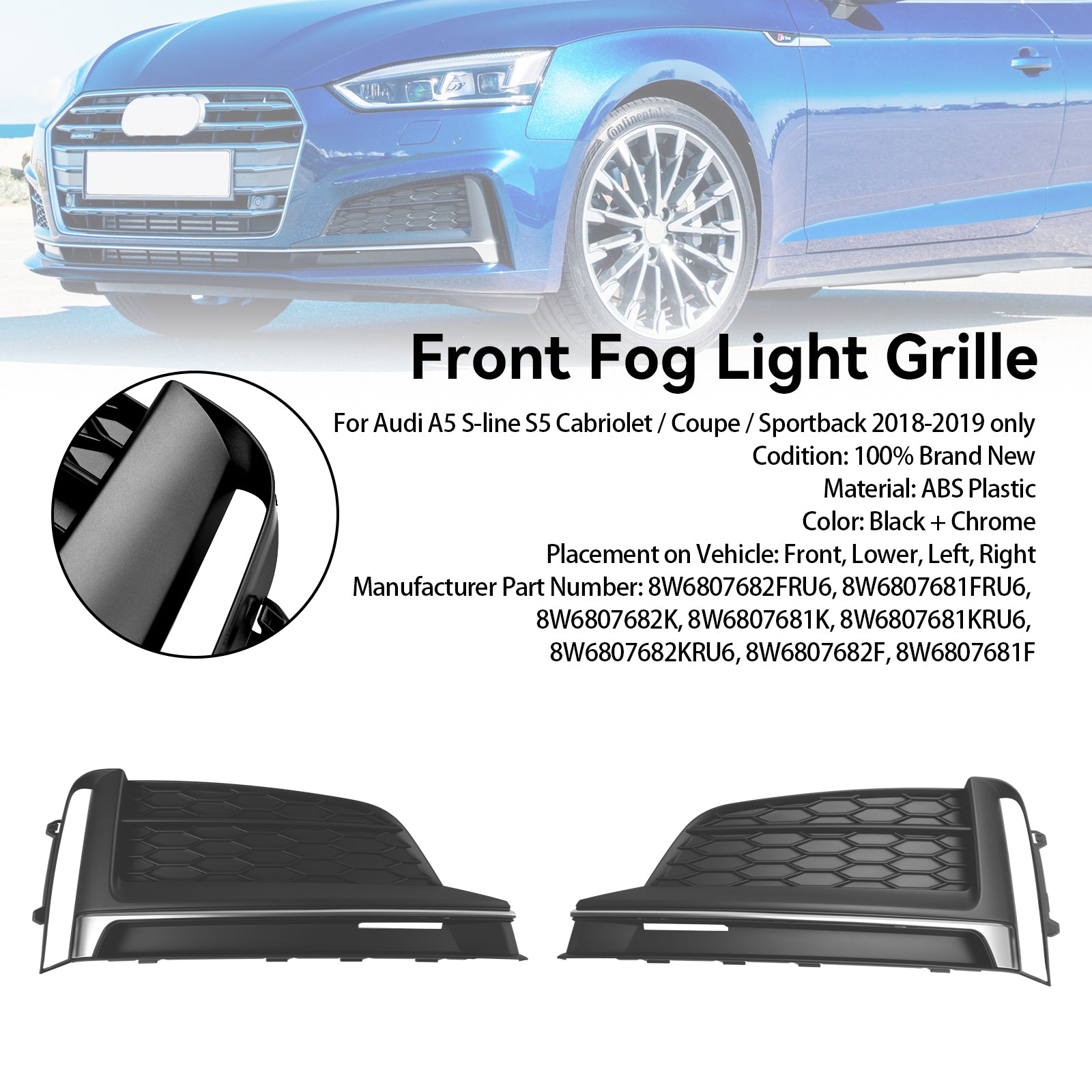 2018-2019 Audi A5 S5 S5 Cabriolet/Coupe/Sportback Front Bumper Fog Hmlová obálka mriežky 2ks