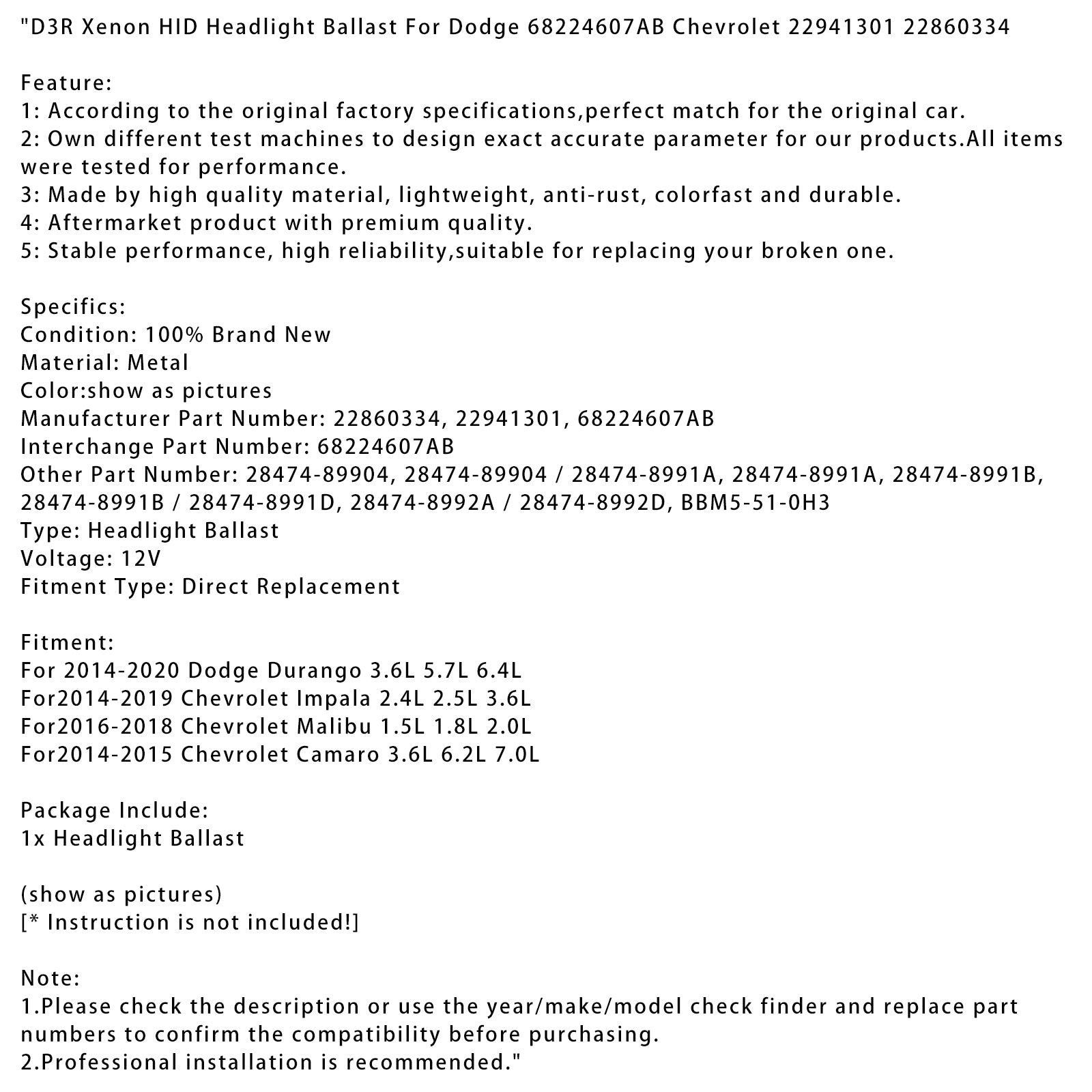 2016-2018 Chevrolet Malibu 1.5L 1.8L 2.0L D3R Xenon HID frontlys Ballast 68224607ab 22941301 22860334