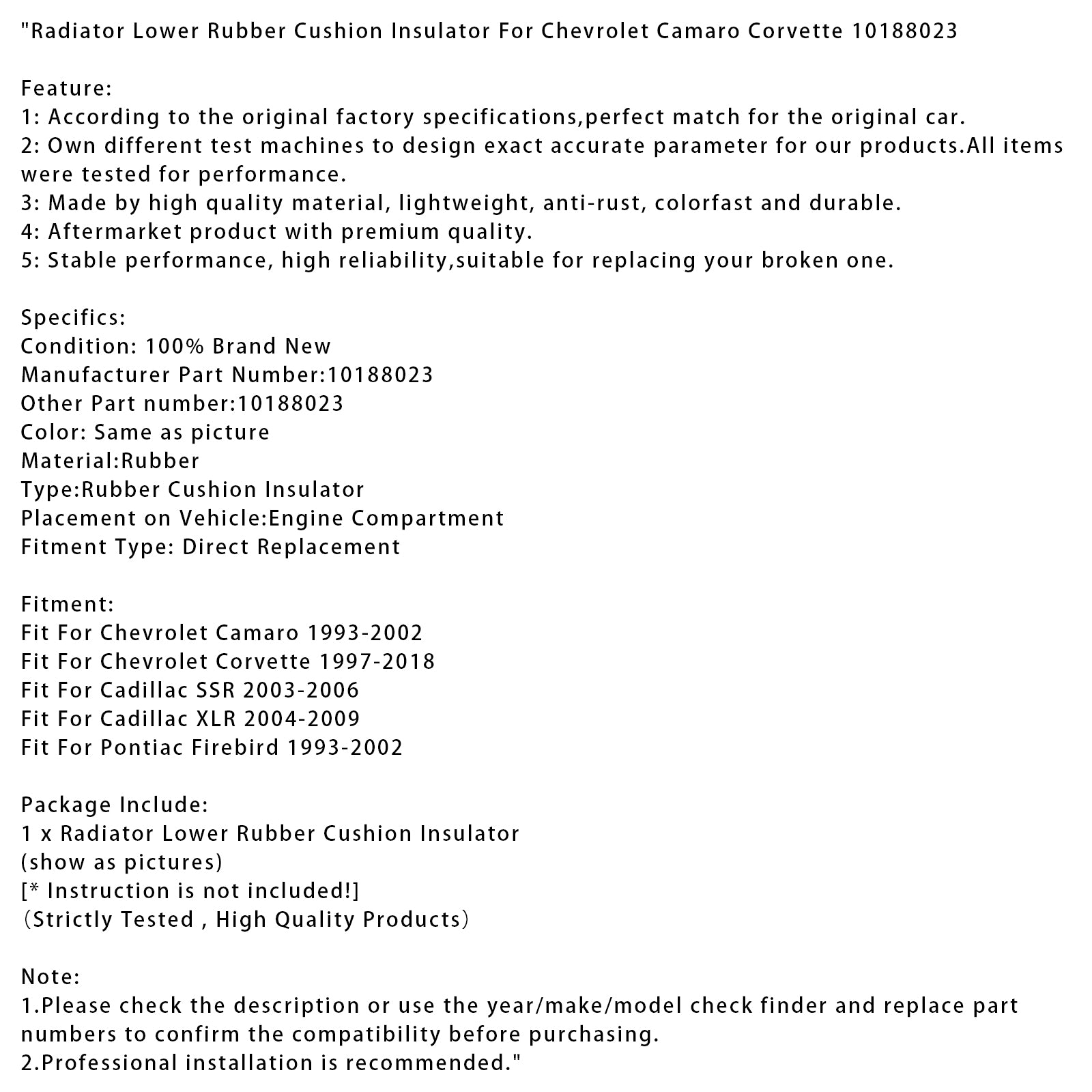 Radiator Lower Rubber Cushion Insulator For Chevrolet Camaro Corvette 10188023