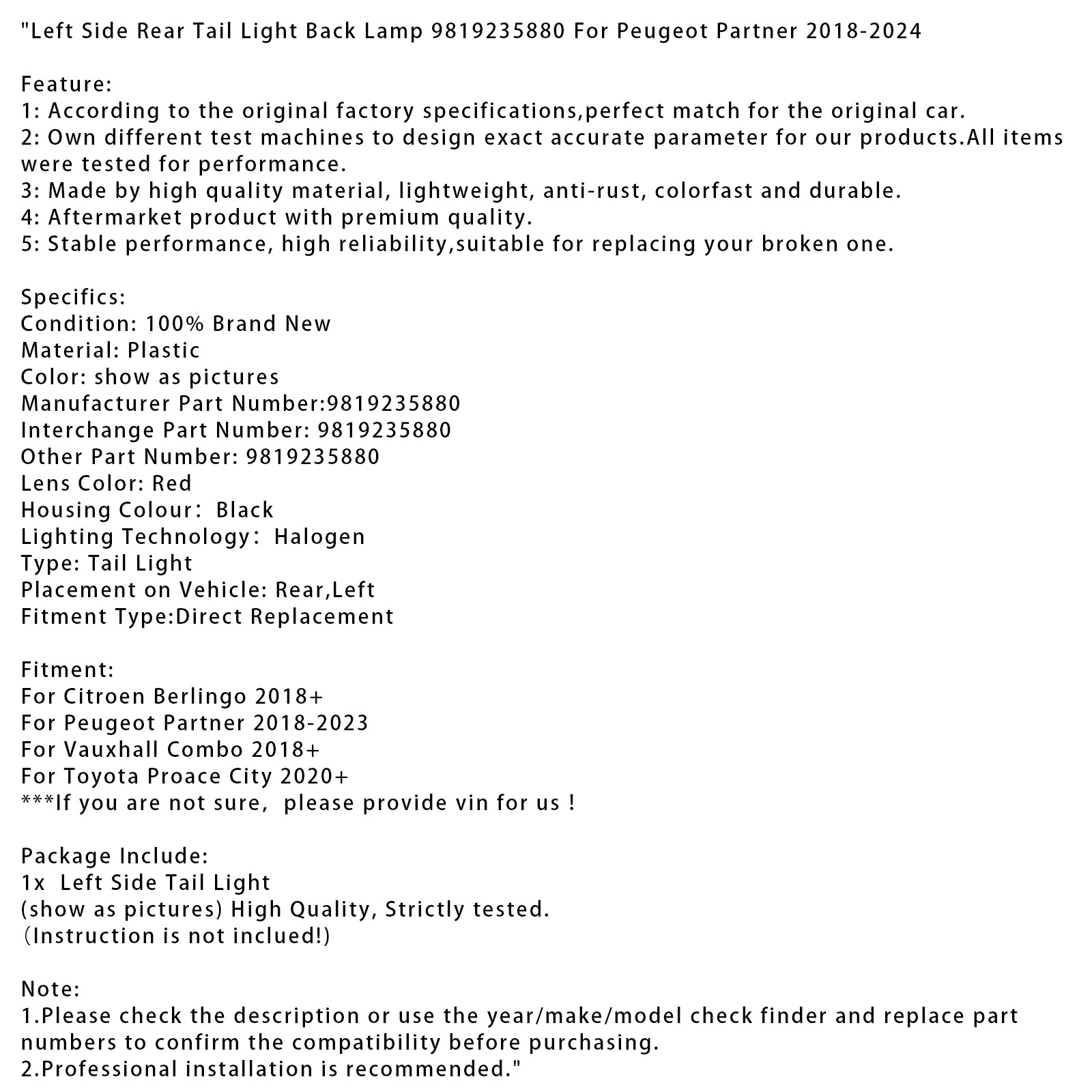 2020+ Toyota Proace City Left Side Rear Tail Light Back Lamp 9819235880