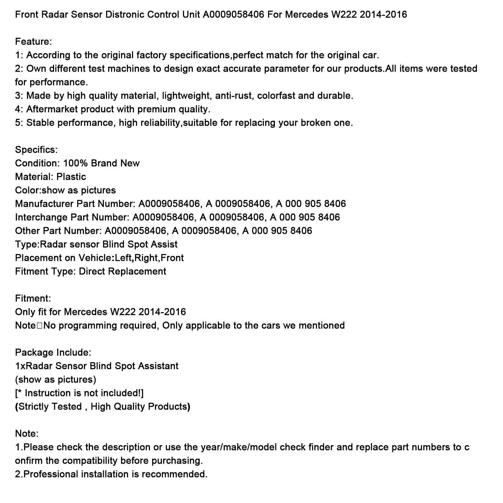 2014-2016 Mercedes W222 Front Radar Sensor Control Unit A0009058406