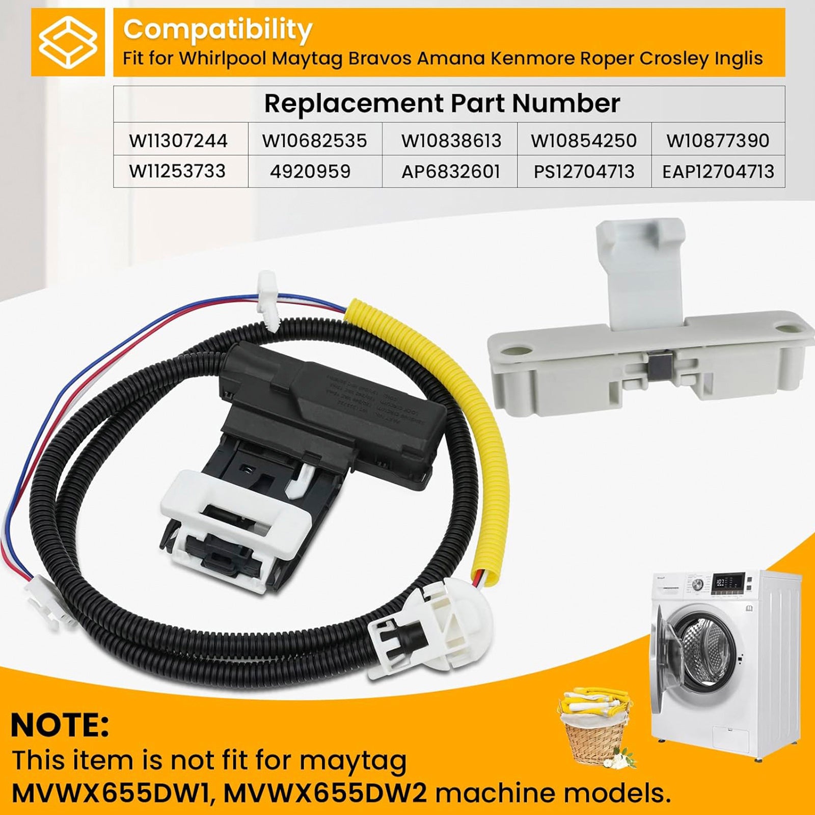 W11307244 W10682535 Washer Lid Lock Assembly and W10837741 Lid Strike for Maytag