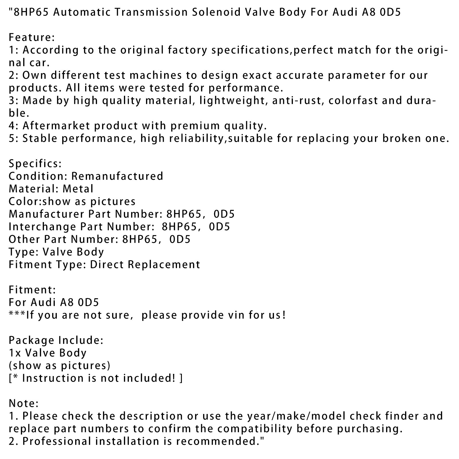 Audi A8 0D5 8HP65 Cuerpo de válvula solenoide de transmisión automática