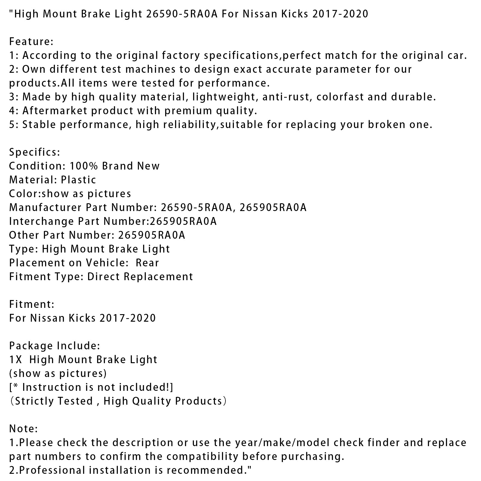 2017-2020 Nissan Kicks High Mount Bromsljus 26590-5RA0A