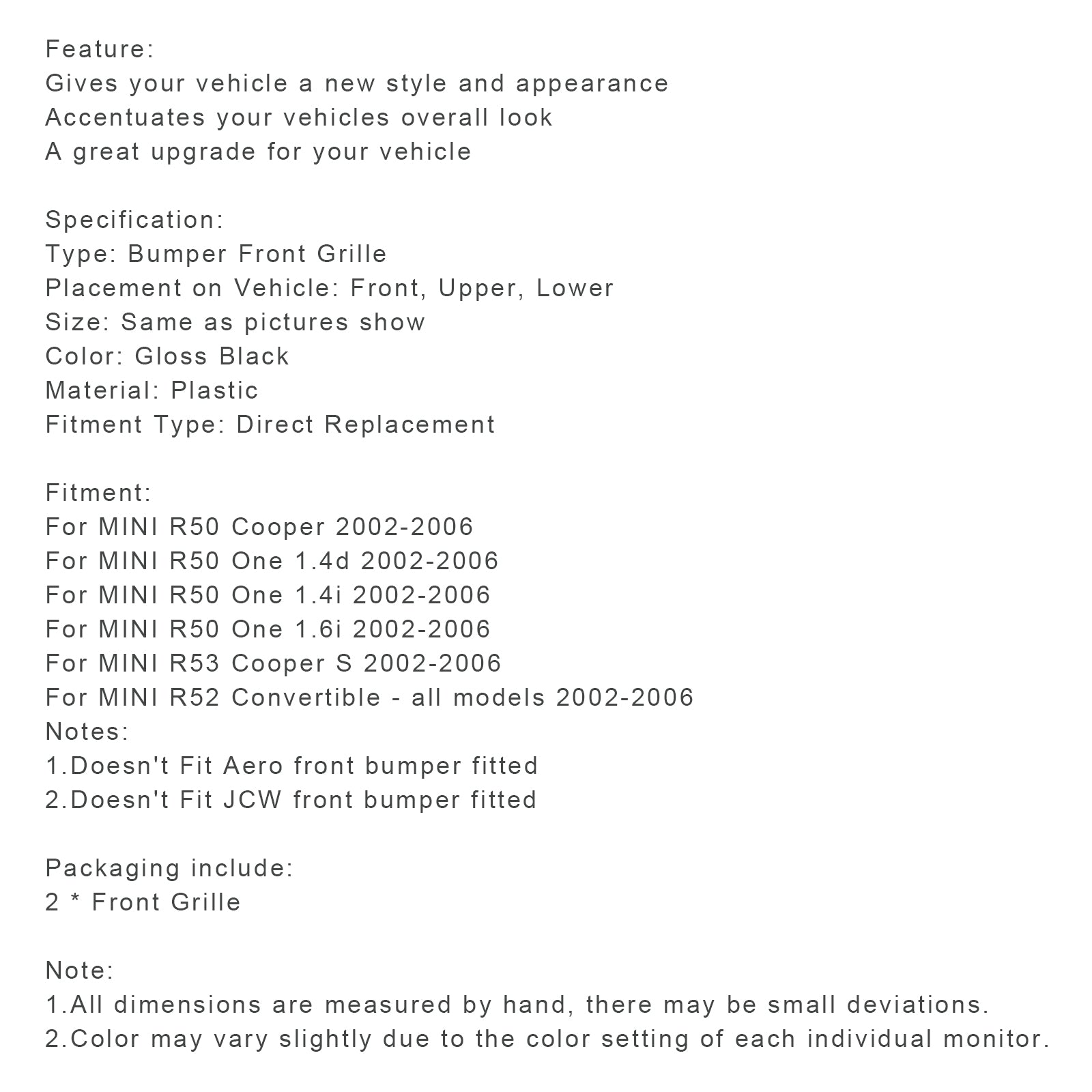 2002-2006 MINI R50 Cooper Honingraat Mesh Voorgrill Grille 2 STUKS