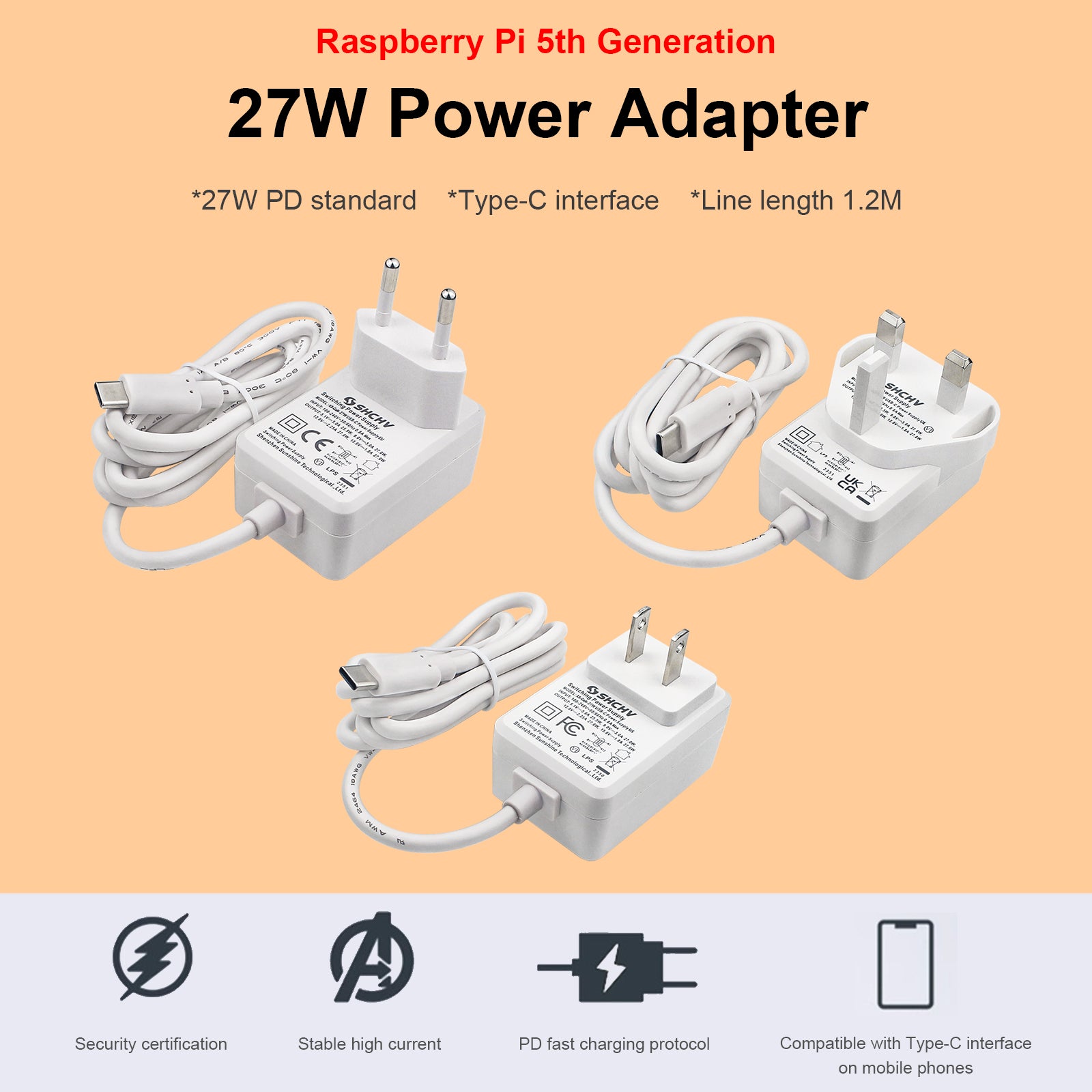 Adaptateur secteur Raspberry Pi 5, Interface USB-C, puissance 27W, 5V5A, courant complet