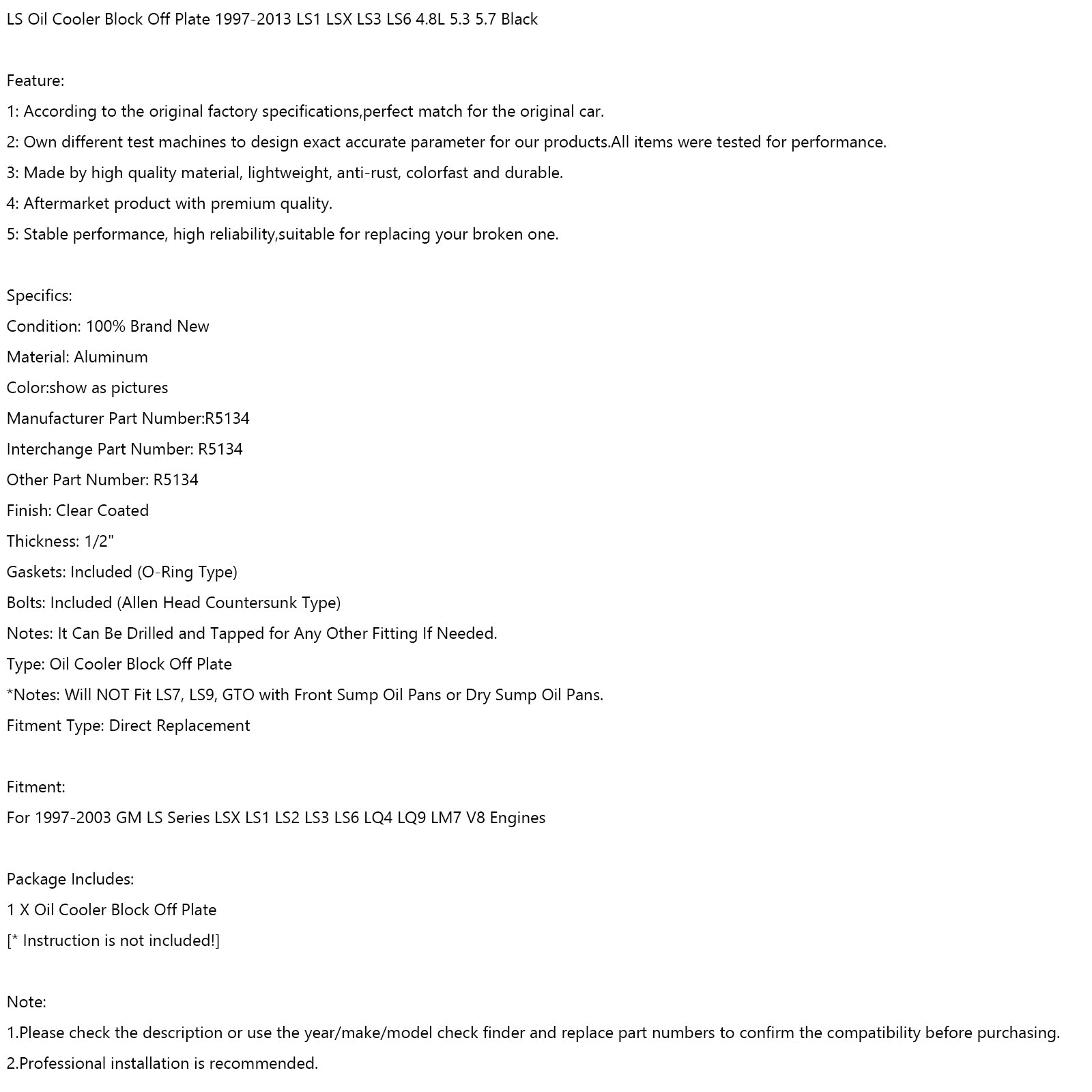 1997-2003 GM LS Série LSX LS1 LS2 LS3 LS6 LQ4 LQ9 LM7 V8 Moteurs LS Bloc de refroidisseur d'huile LS Off