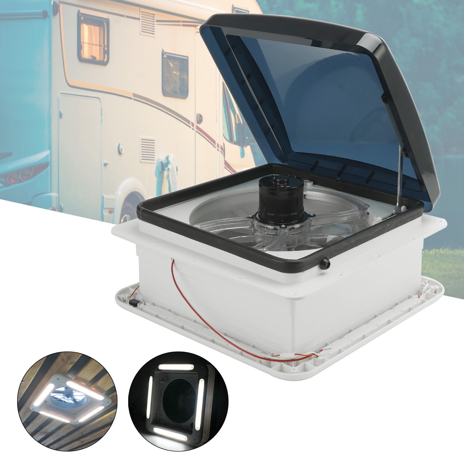 14" Takventil för husvagn, husvagn, 3-växlad motor, 12V takfönster med LED-ljus