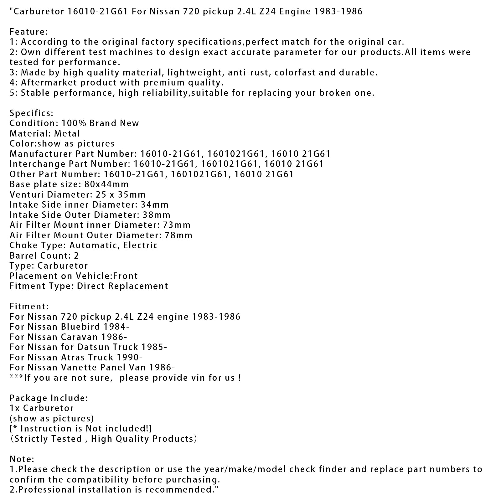 Carburador Nissan Caravan 1986 en adelante 16010-21G61