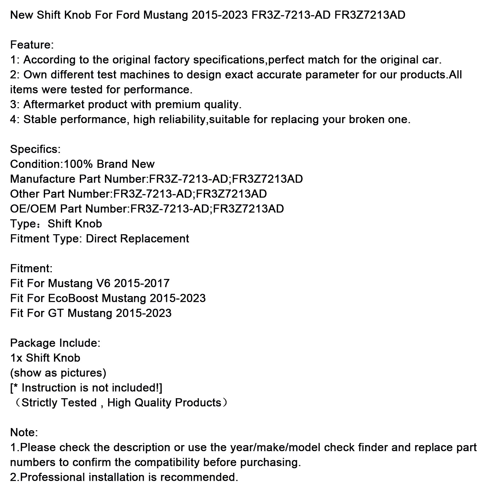 New Shift Knob For Ford Mustang 2015-2023 FR3Z-7213-AD FR3Z7213AD
