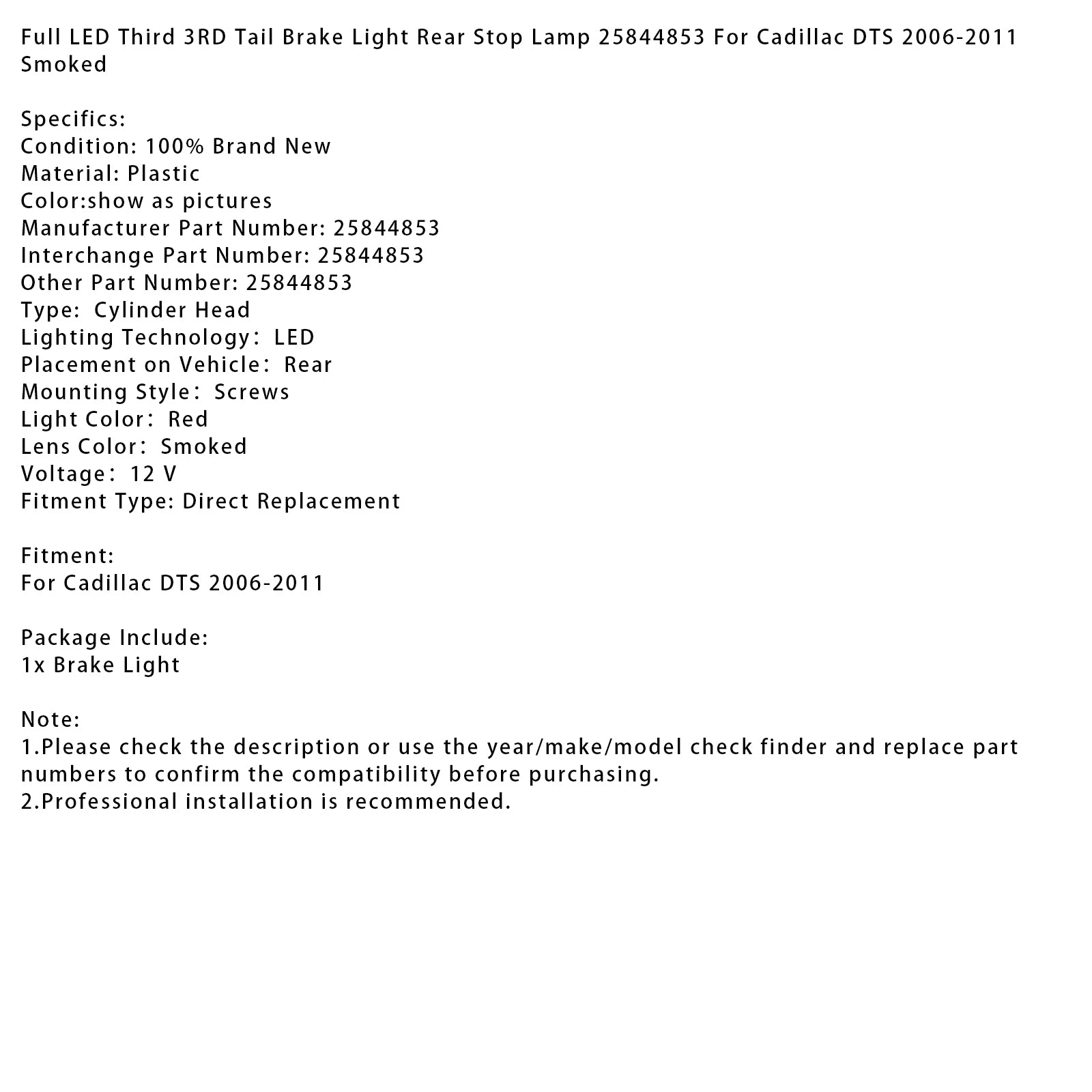 2006-2011 Cadillac DTS plná LED tretia LED tretina tretieho brzdového brzdového svetla TRADA SVETLO ZADNÁ ZADARMA SMOKOVAŤ 25844853