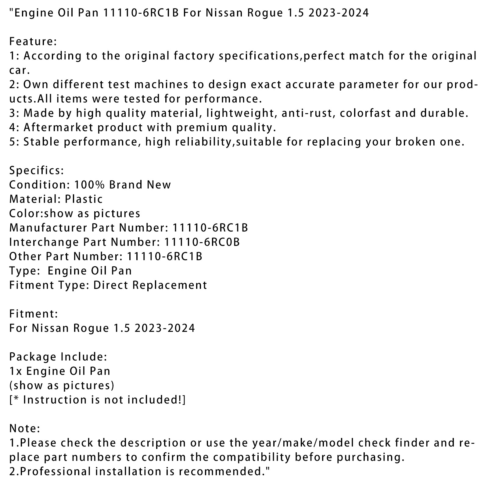 2023-2024 Nissan Rogue 1,5 motorový olej PAN 11110-6RC1B