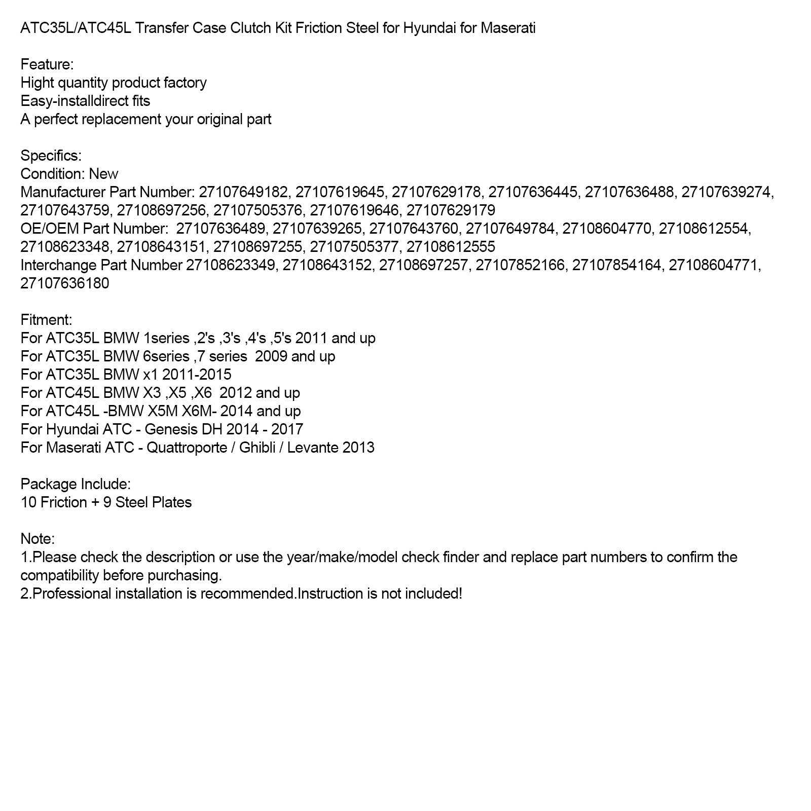 Hyundai & Kit d'embrayage de boîte de transfert Maserati ATC35L/ATC45L en acier à friction