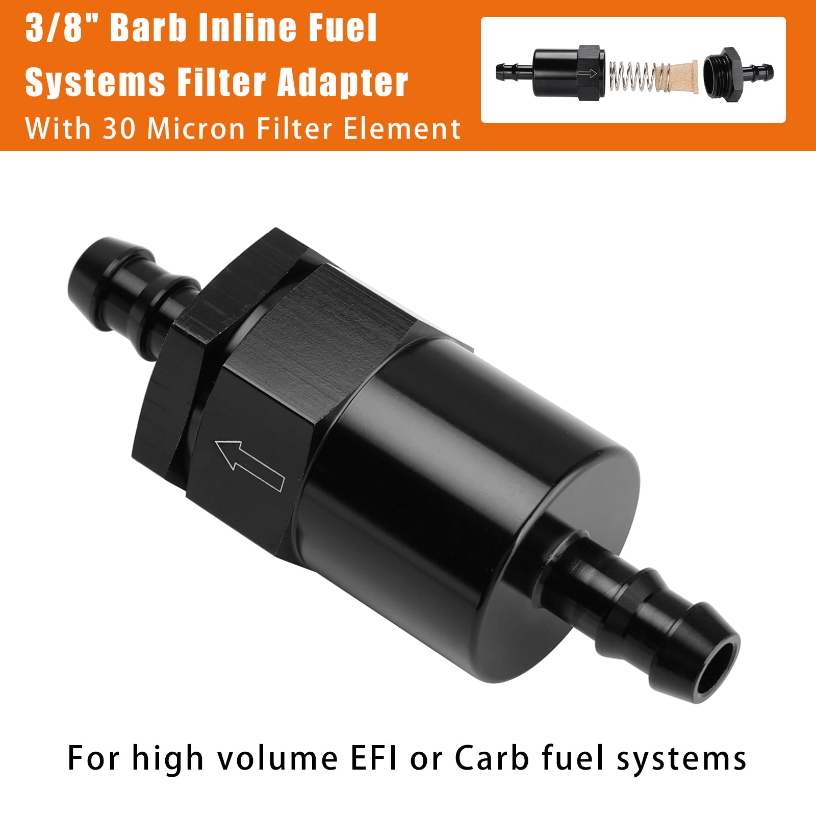 Black Inline EFI Fuel Systems Filter Adapter 3/8" Barb With 30 Micron Filter Element