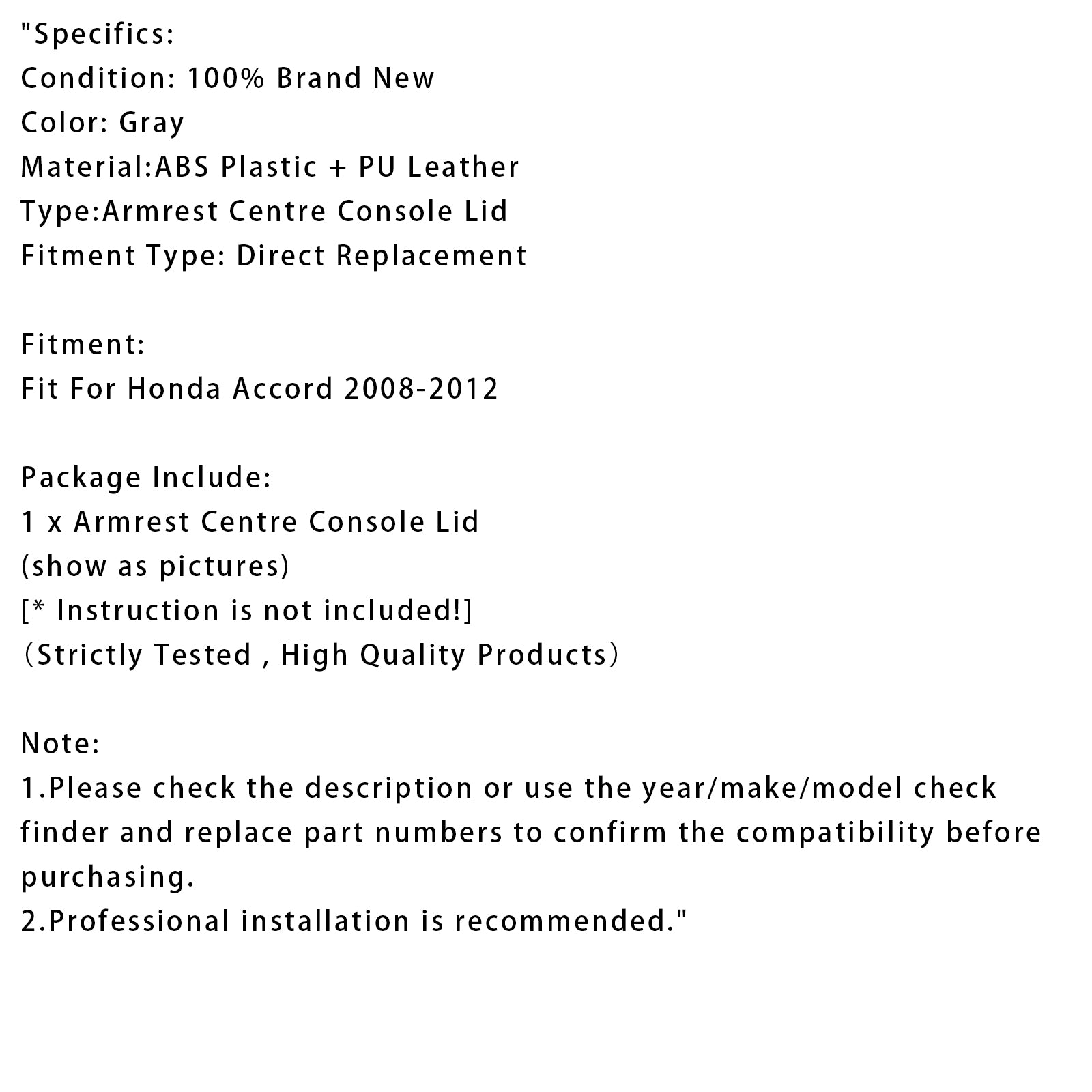 2008-2012 Honda Accord Gray Leather Armrest Centre Console Lid