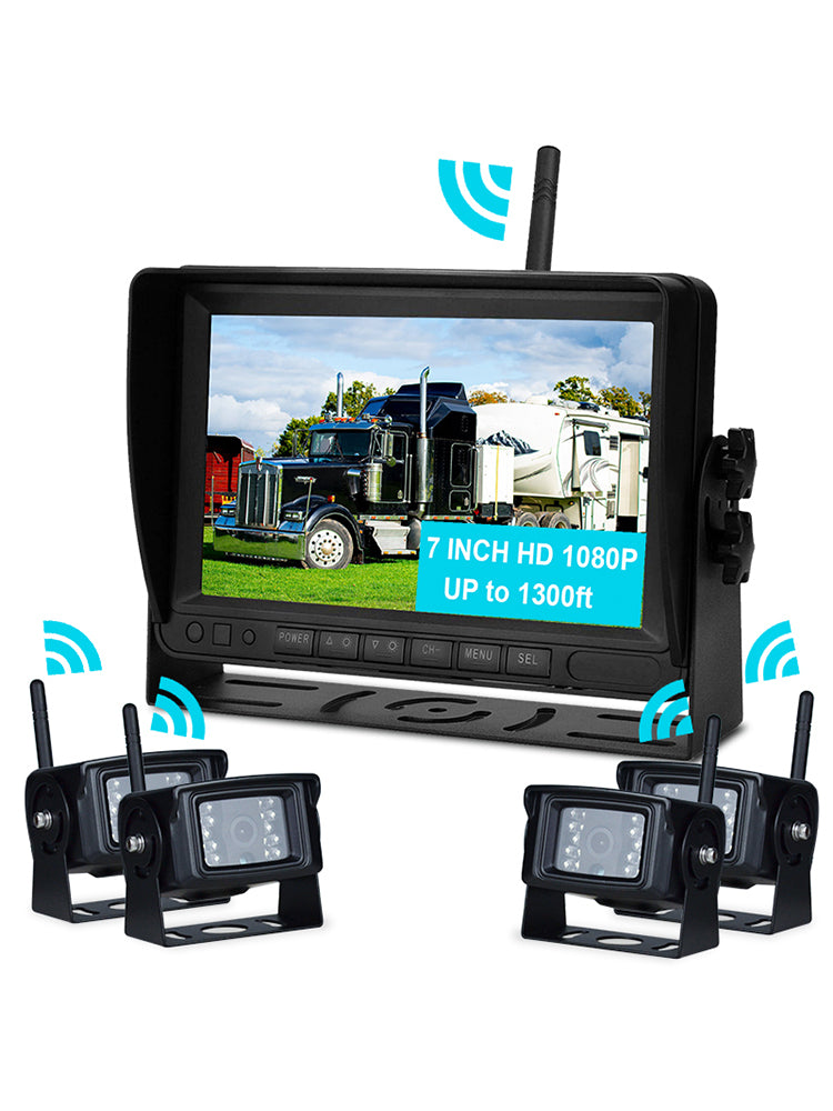 7" Kit de caméra de recul sans fil AHD 1080P 4 canaux pour camion et remorque