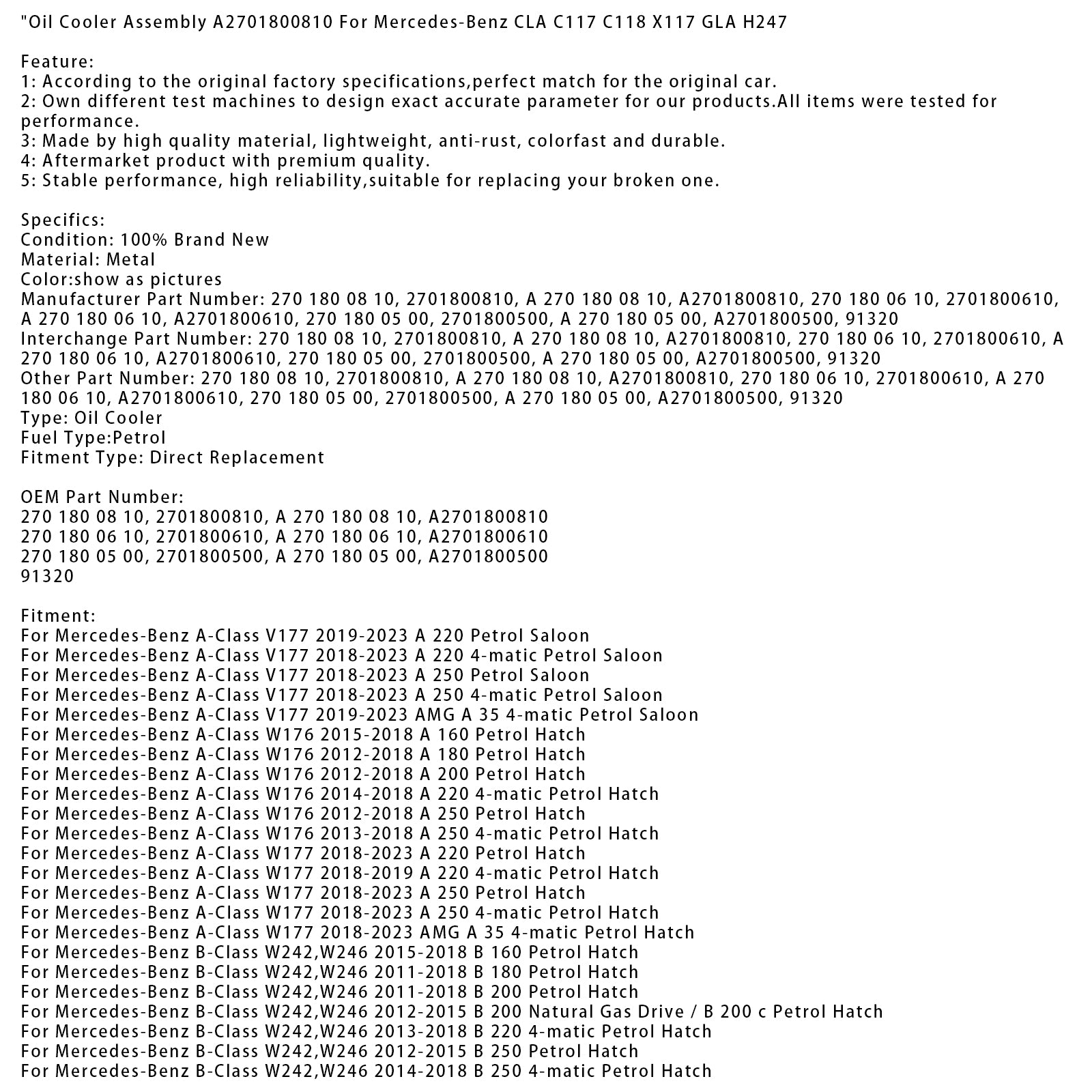 Oliekoelermontage A2701800810 voor Mercedes-Benz CLA C117 C118 X117 GLA H247