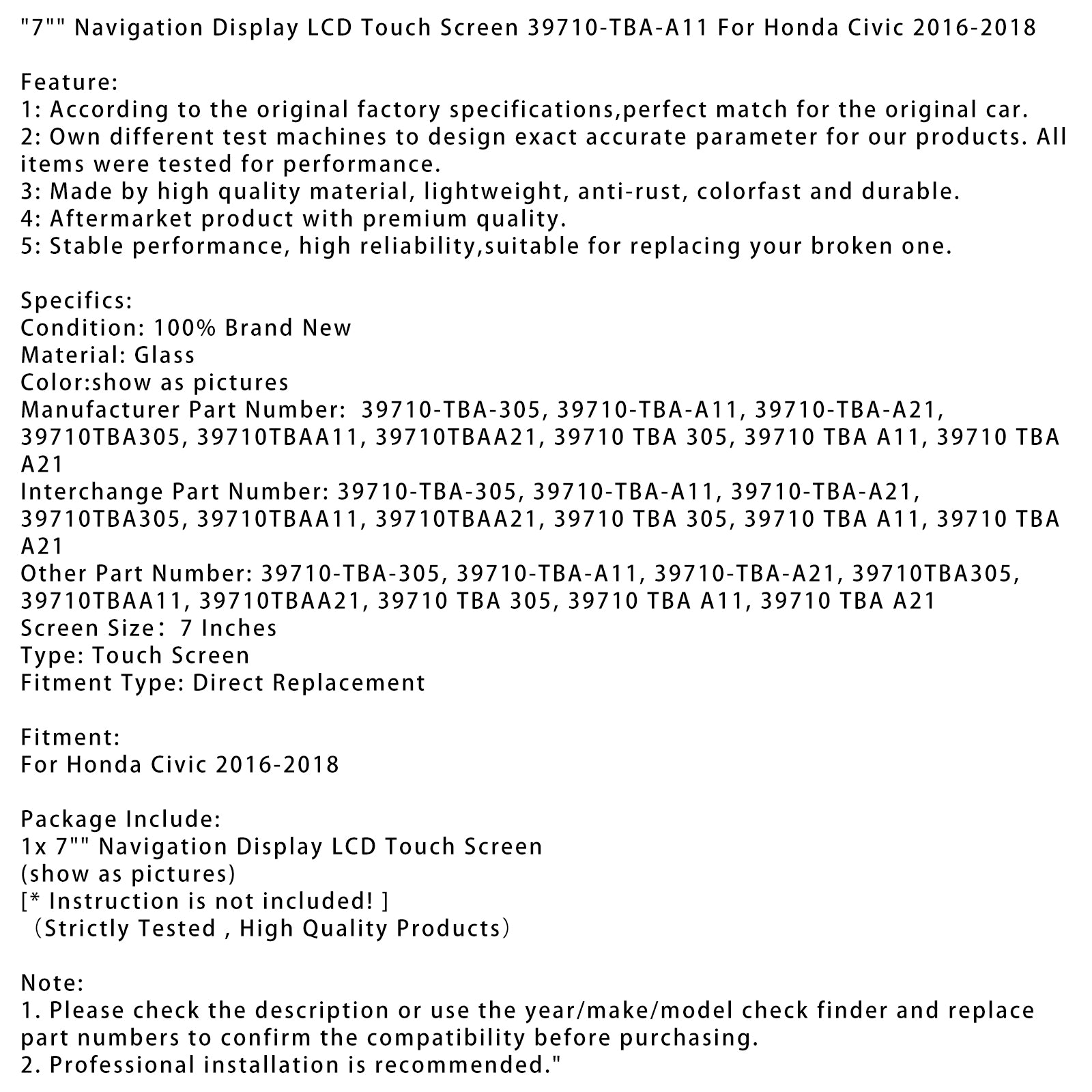 Honda Civic 2016-2018 7" Écran tactile LCD de navigation 39710-TBA-A11