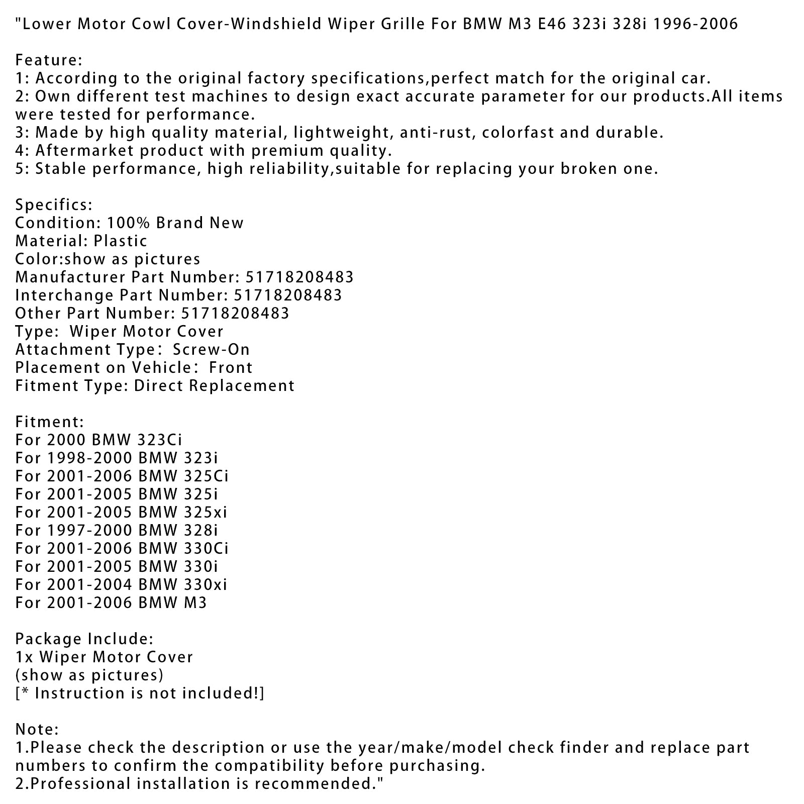 1997-2000 BMW 328i Lower Motor Cowl Cover-Windshield Wiper Grille 51718208483