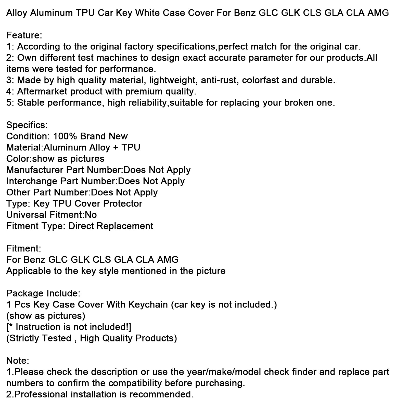 Étui blanc pour clé de voiture TPU en alliage de cuir et d'aluminium, housse pour Benz GLC GLK CLS