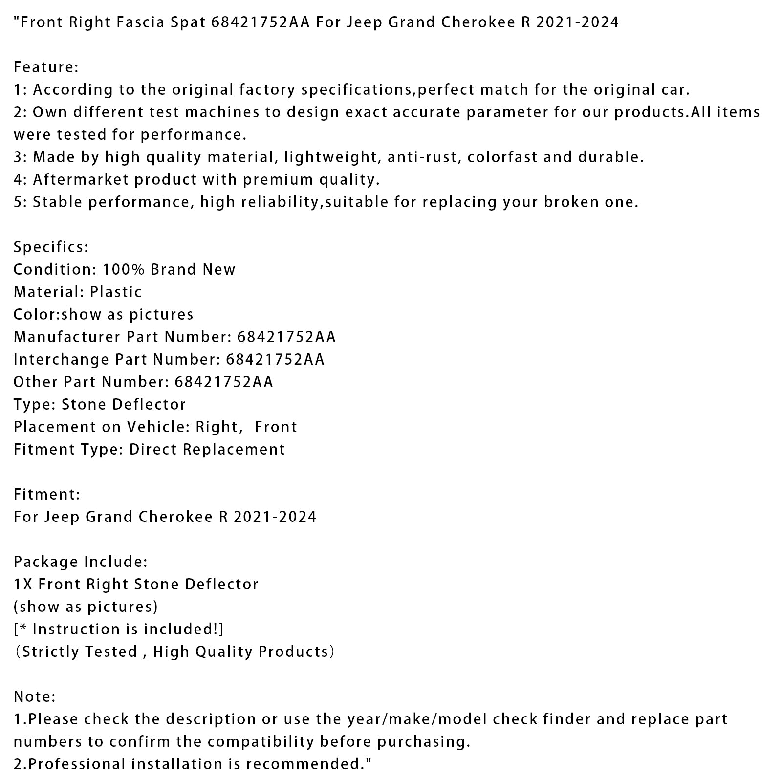 2021-2024 Jeep Grand Cherokee R Front Right Fascia Spat 68421752AA