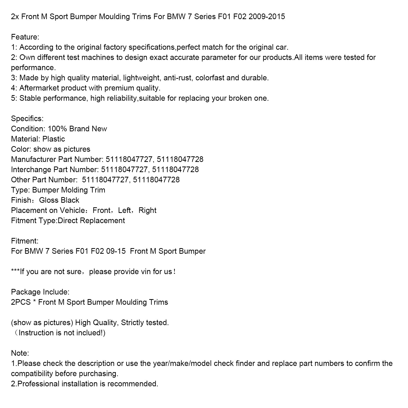 2009-2015 BMW 7 Series F01 F02 2X Front M Sport Bumper Lolding Trims