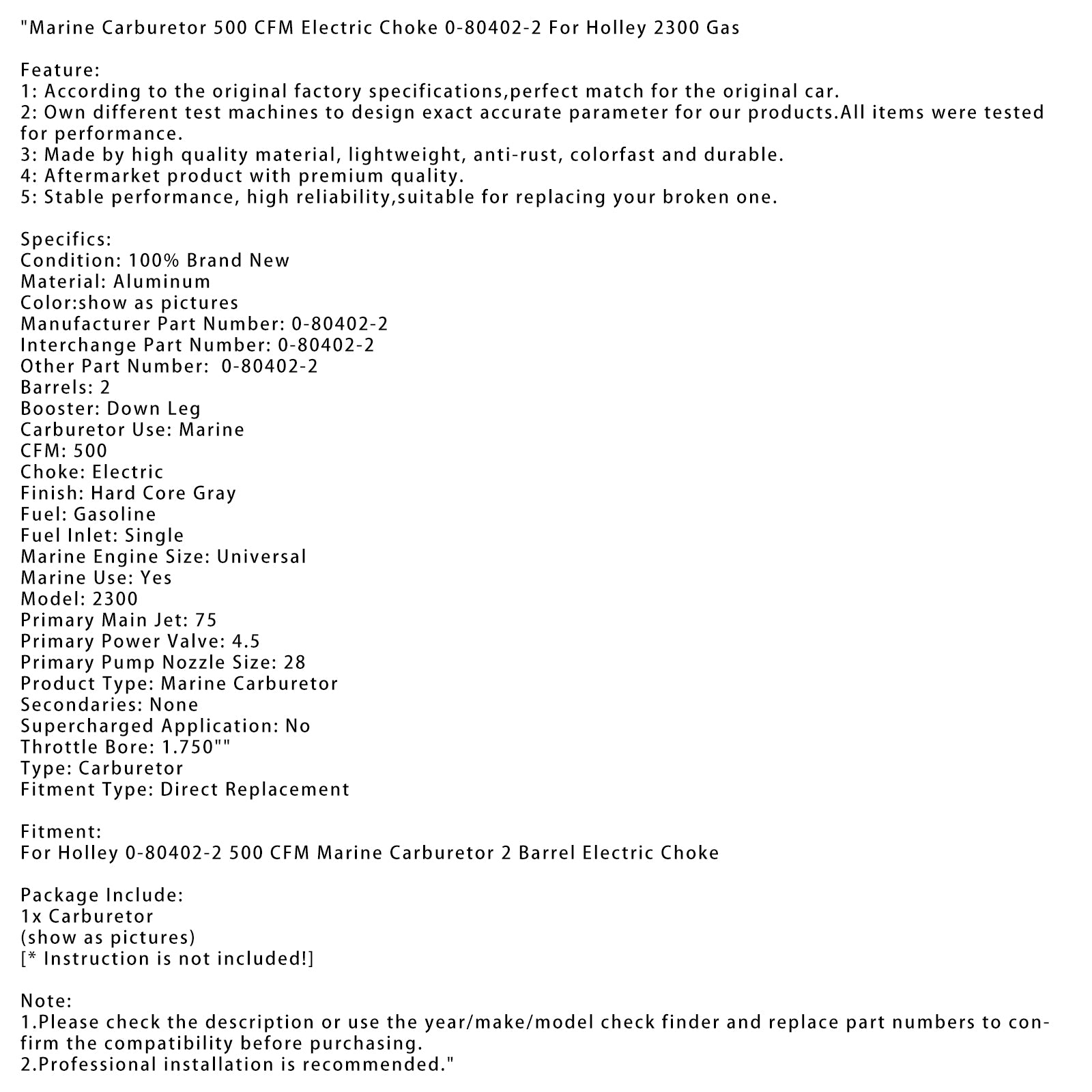 Holley 2300 Gas Marine Carburetor 500 CFM Electric Choke 0-80402-2