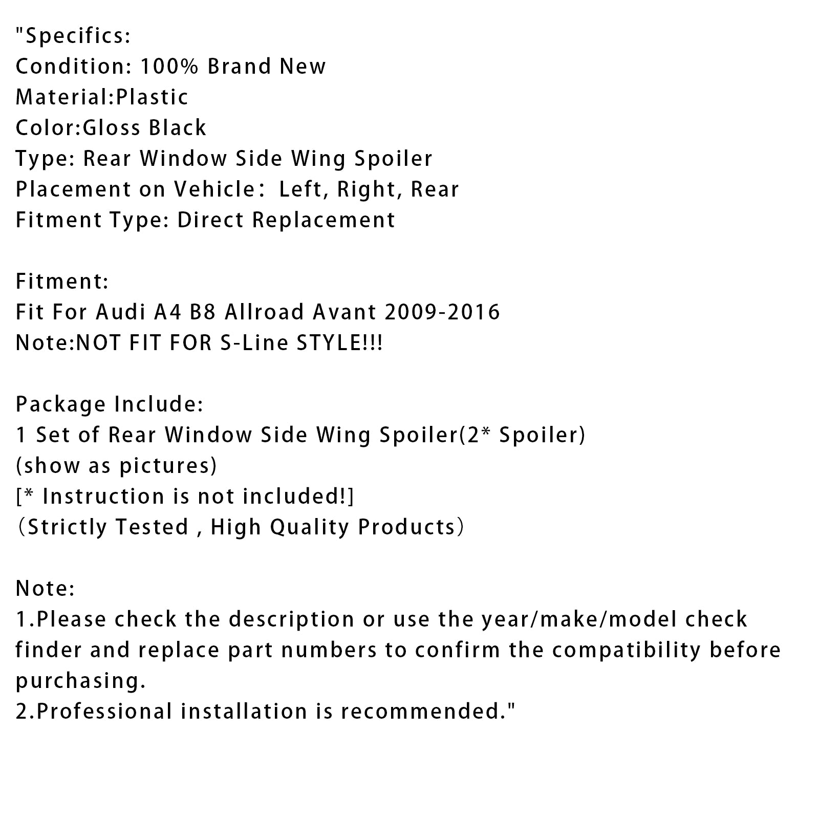 2009-2016 Audi A4 B8 Avant Glanzend zwart paar zijvleugelspoiler met achterruit