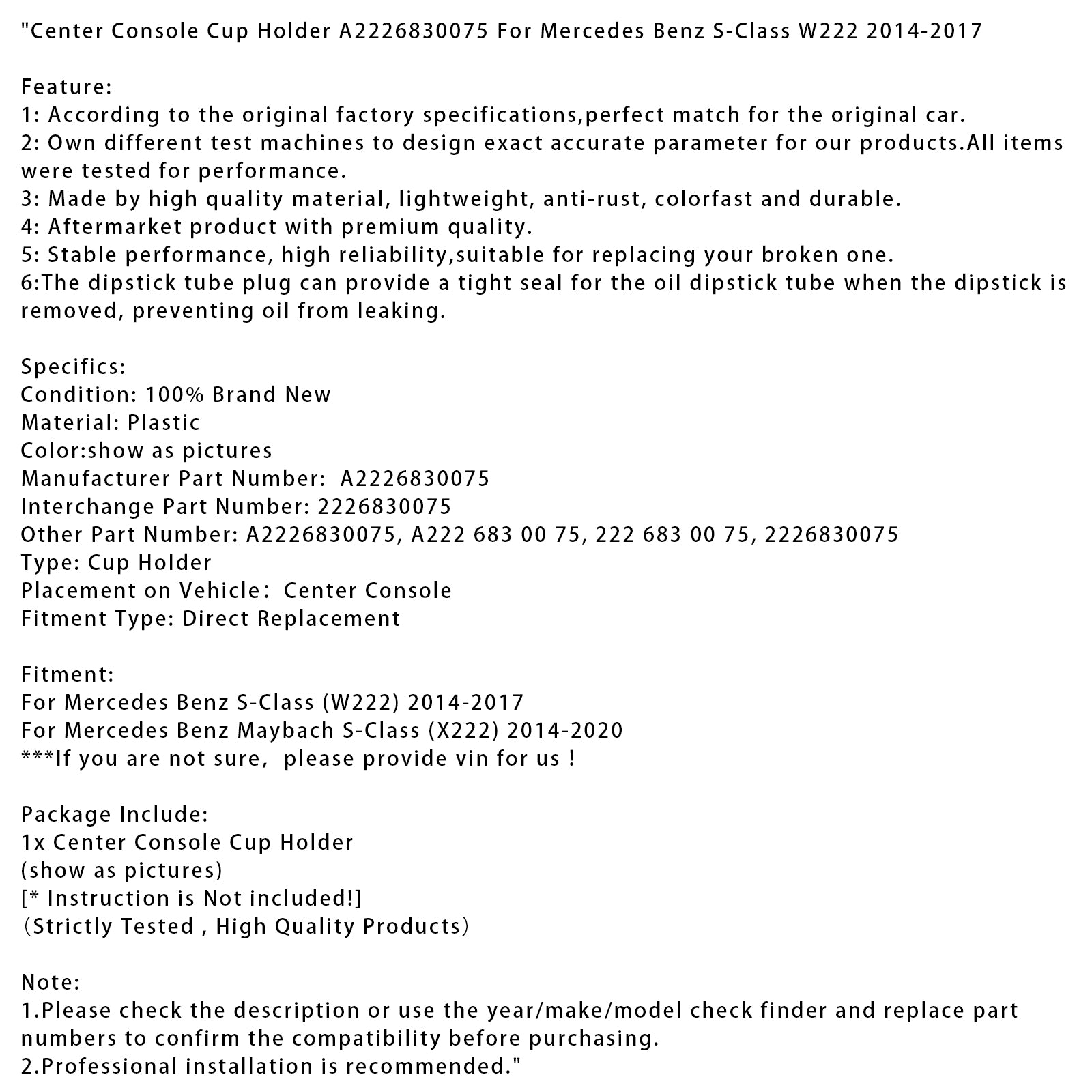 Bekerhouder middenconsole A2226830075 voor Mercedes Benz S-Klasse W222 2014-2017