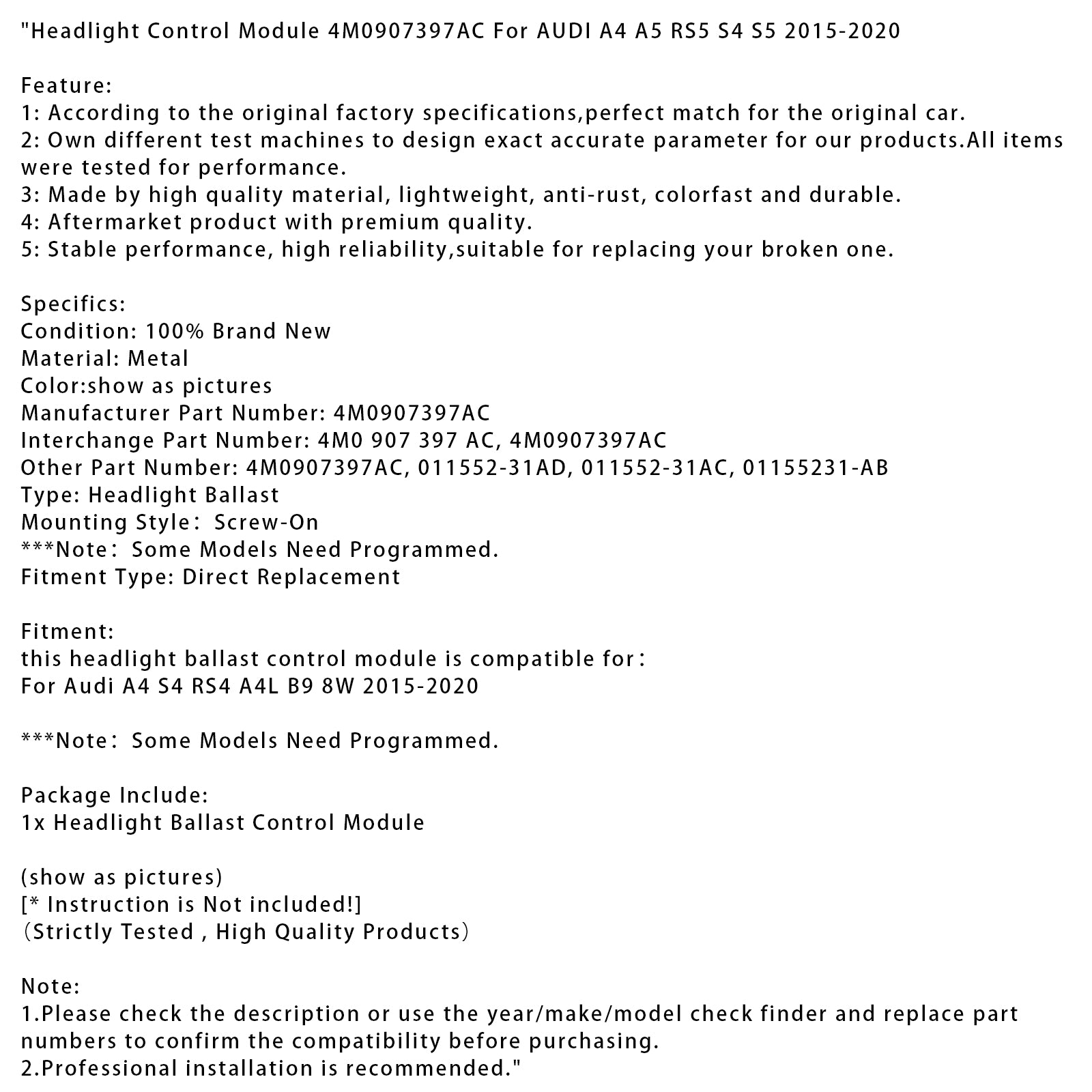 2015-2020 AUDI A4 A5 RS5 S4 S5 Strålkastarkontrollmodul 4M0907397AC