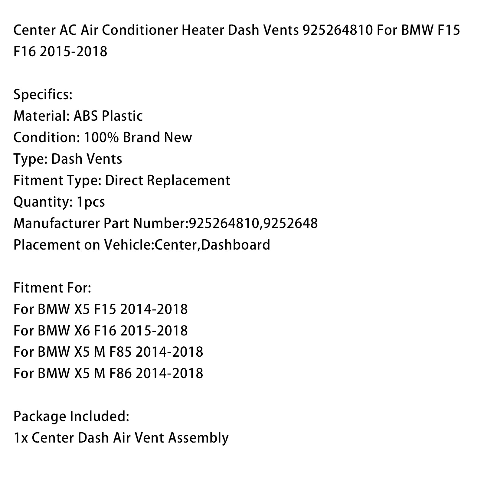 Center AC Air Conditioner Heater Dash Vents 925264810 For BMW F15 F16 2015-2018