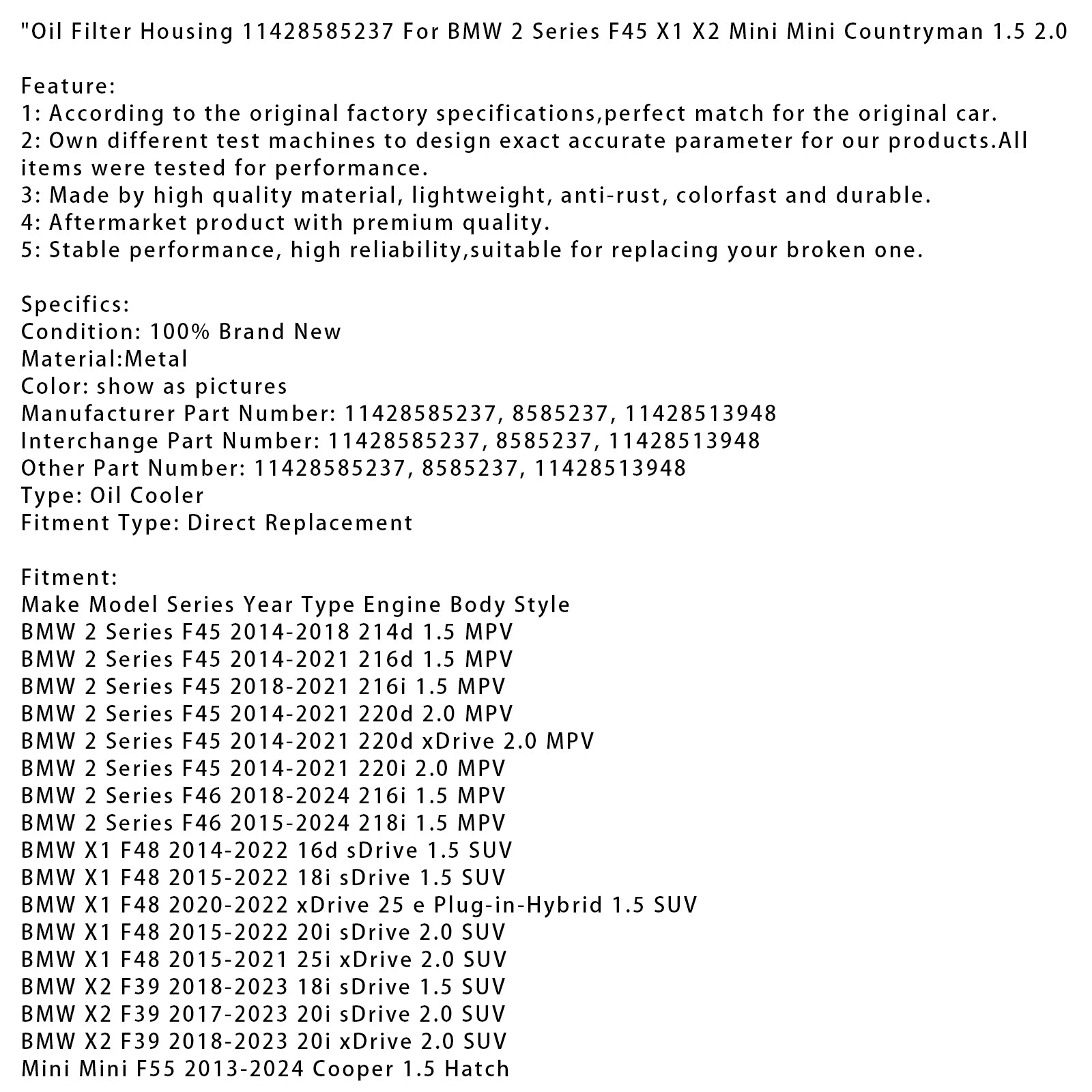 Oliefilterhuis 11428585237 voor BMW 2-serie F45 X1 X2 Mini Countryman