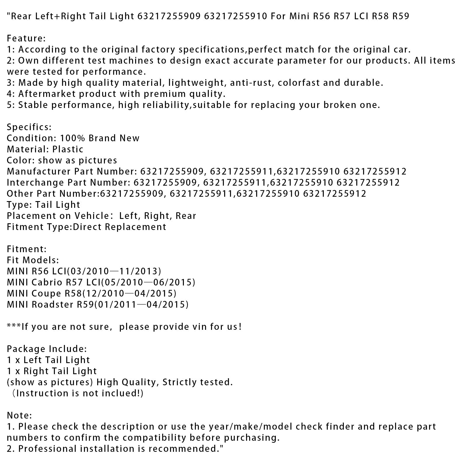 01/2011-4/2015 MINI Roadster R59 Achterlicht L+R 63217255909 63217255910