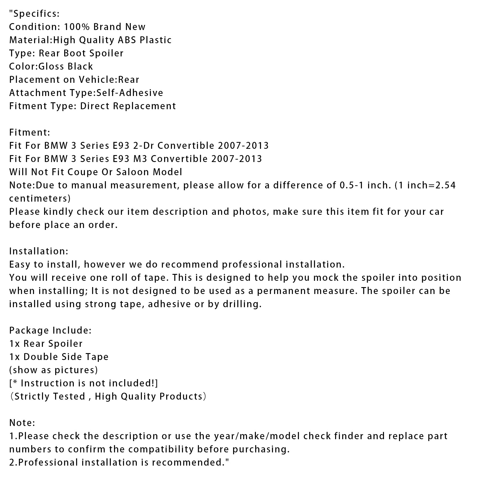 2007-2013 BMW 3 Series E93 2-Dr Convertible/ M3 Convertible Gloss Black Rear Boot Spoiler For BMW 3 Series E93 Convertible