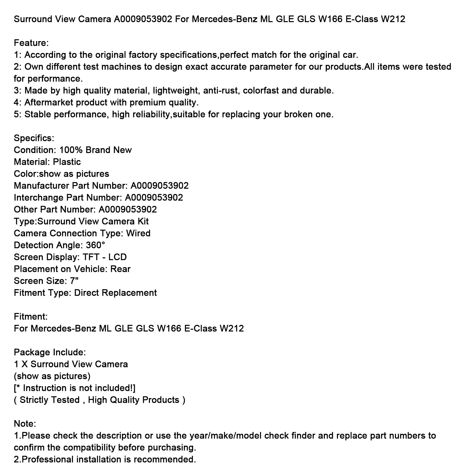 Mercedes-Benz ML GLE GLS W166 E-Klasse W212 Surround View-camera A0009053902