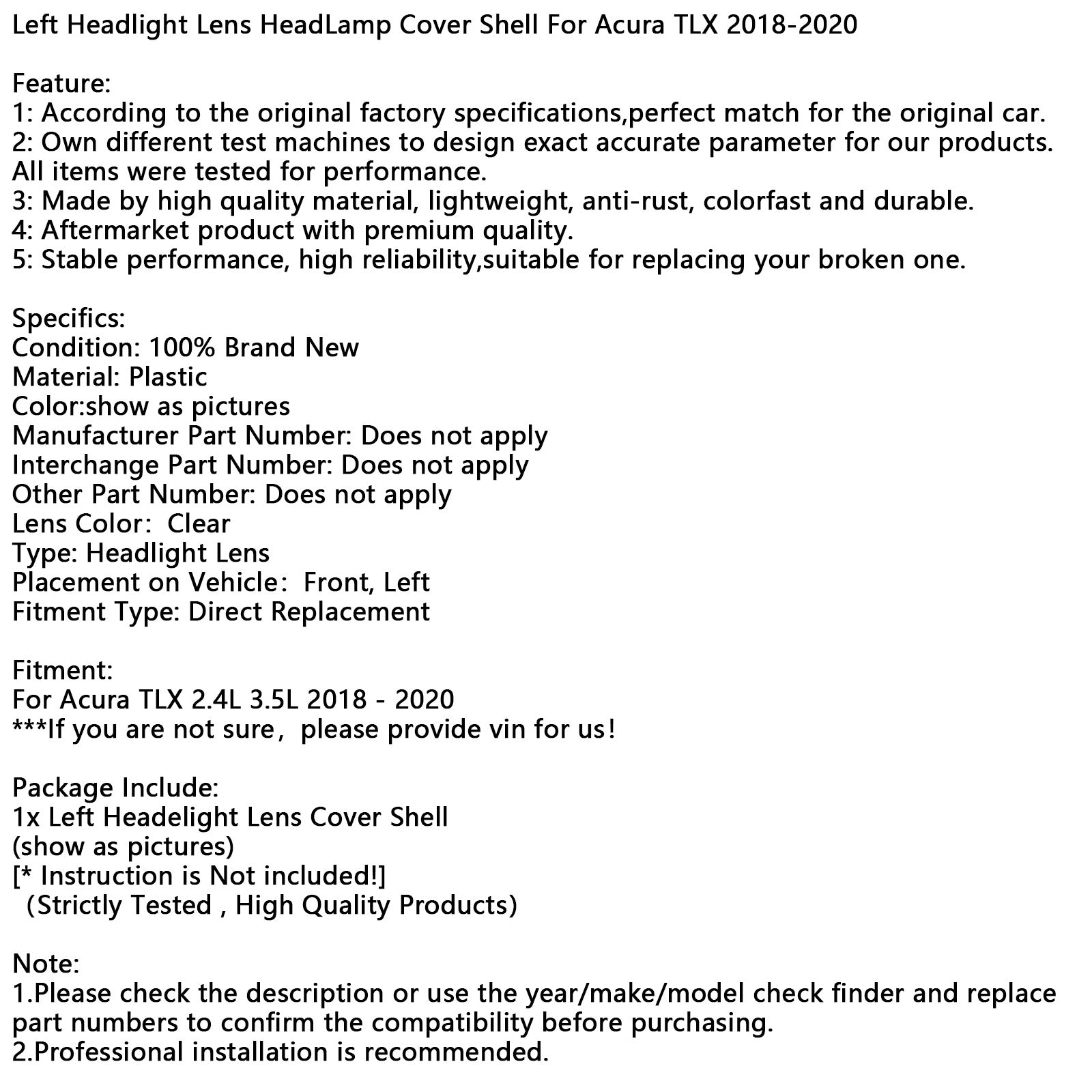 2018-2020 Acura TLX Left Headlight Lens HeadLamp Cover Shell