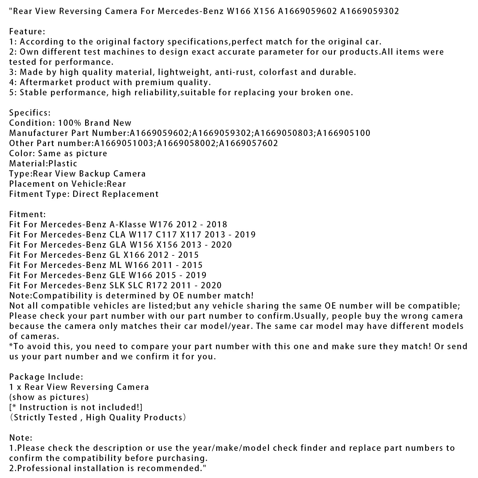 Rear View Reversing Camera For Mercedes-Benz W166 X156 A1669059602 A1669059302