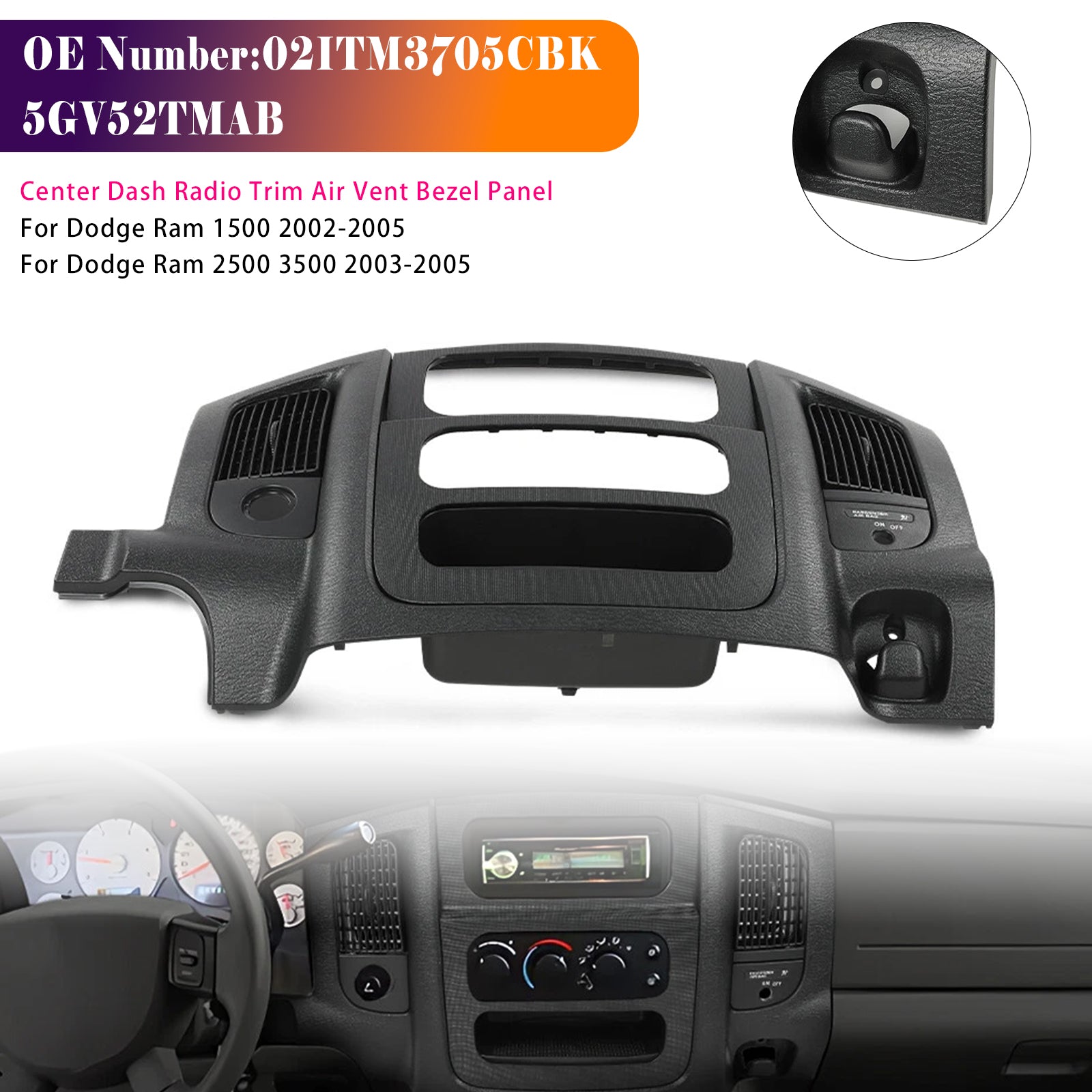 Center Dash Radio Trim Air Vent Bezel Panel Black Fit For Dodge Ram 2002-2005