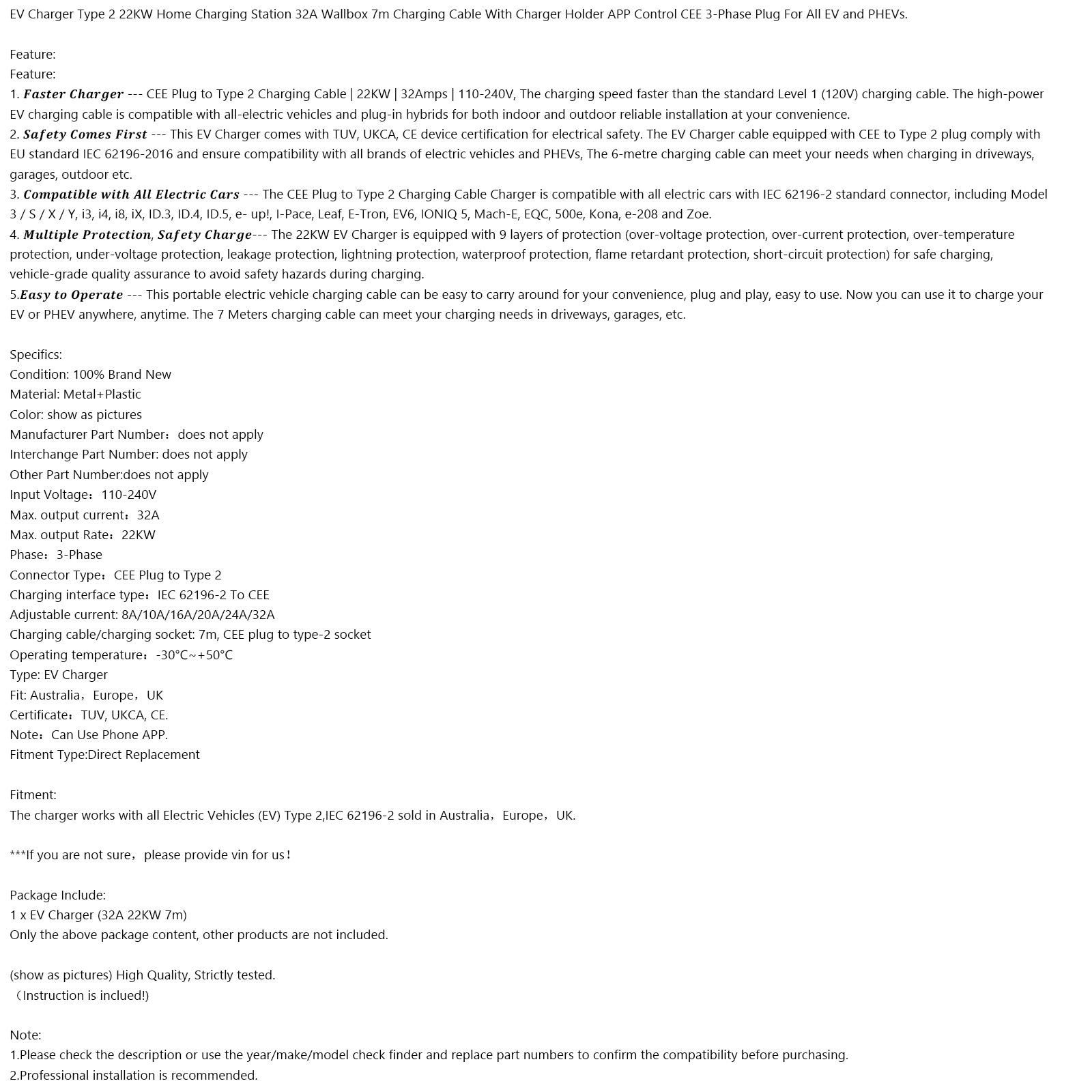 EV-laddare Wallbox Type 2 32A 22KW CEE 3-fas Plug Charging Station EV PHEV App