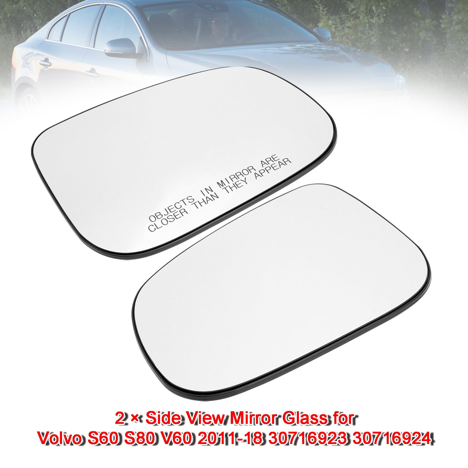 2 × Side View Mirror Glass for Volvo S60 S80 V60 2011-18 30716923 30716924