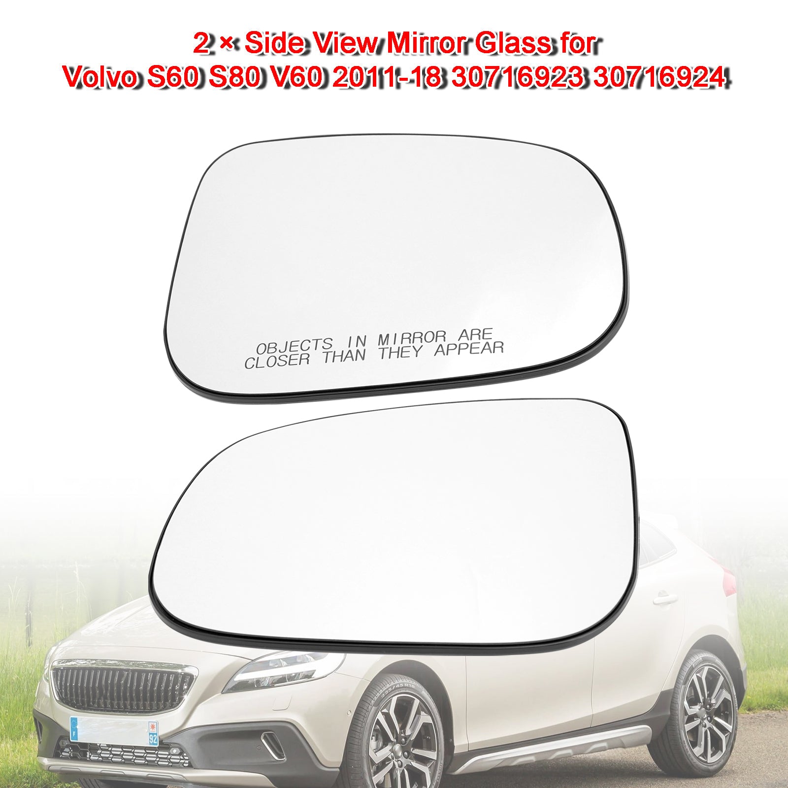 2 × Side View Mirror Glass for Volvo S60 S80 V60 2011-18 30716923 30716924