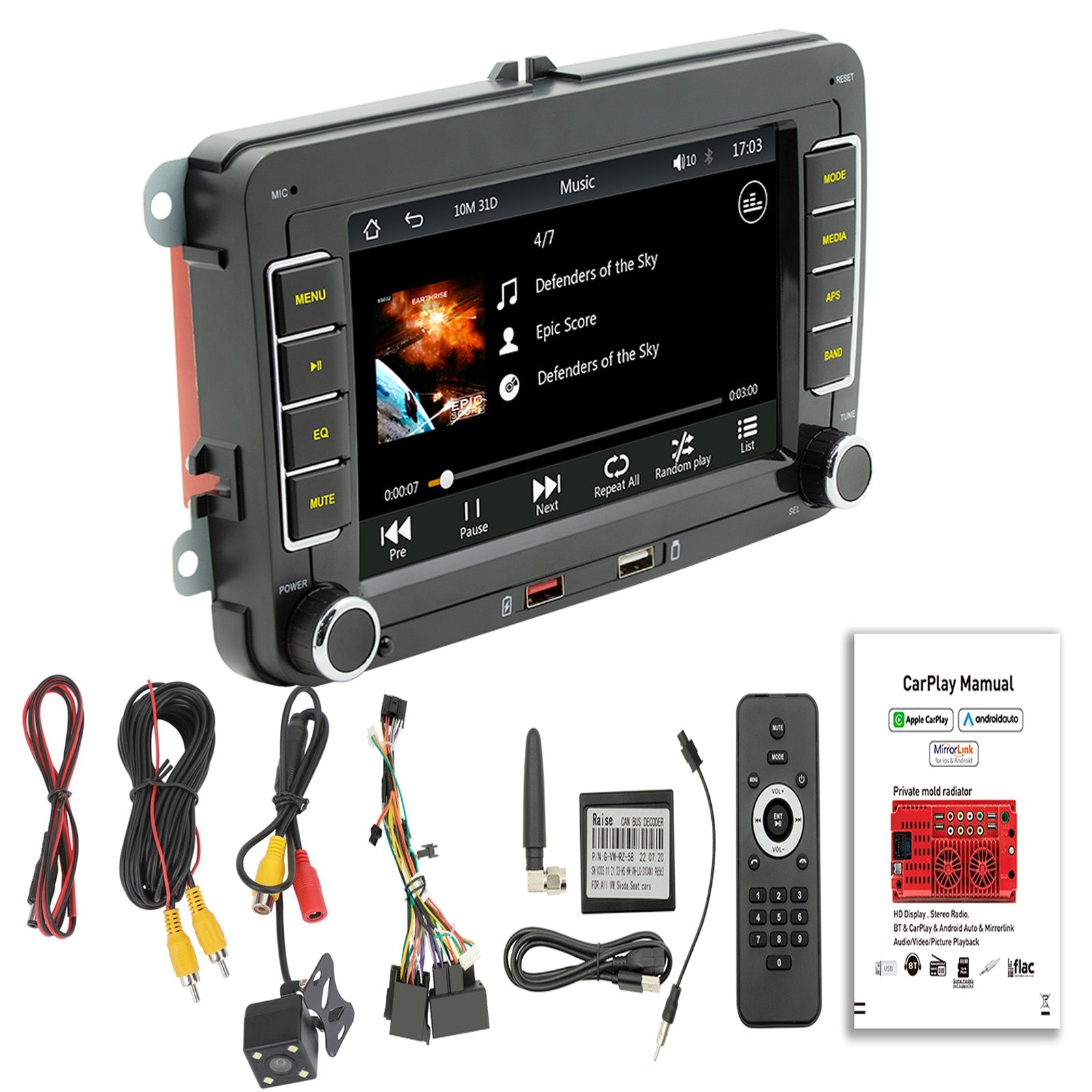 7" Volkswagen Auto Bluetooth Radio MP5 Autospeler Draadloze Carplay + 4 LED Camera