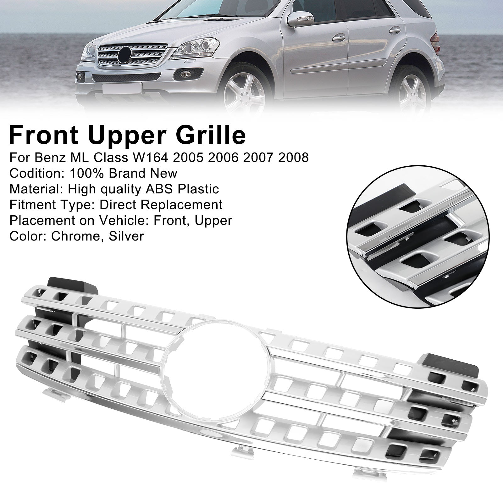 2005-2008 Mercedes-Benz ML-Class W164 Front Bumper Grille Grill Chrome