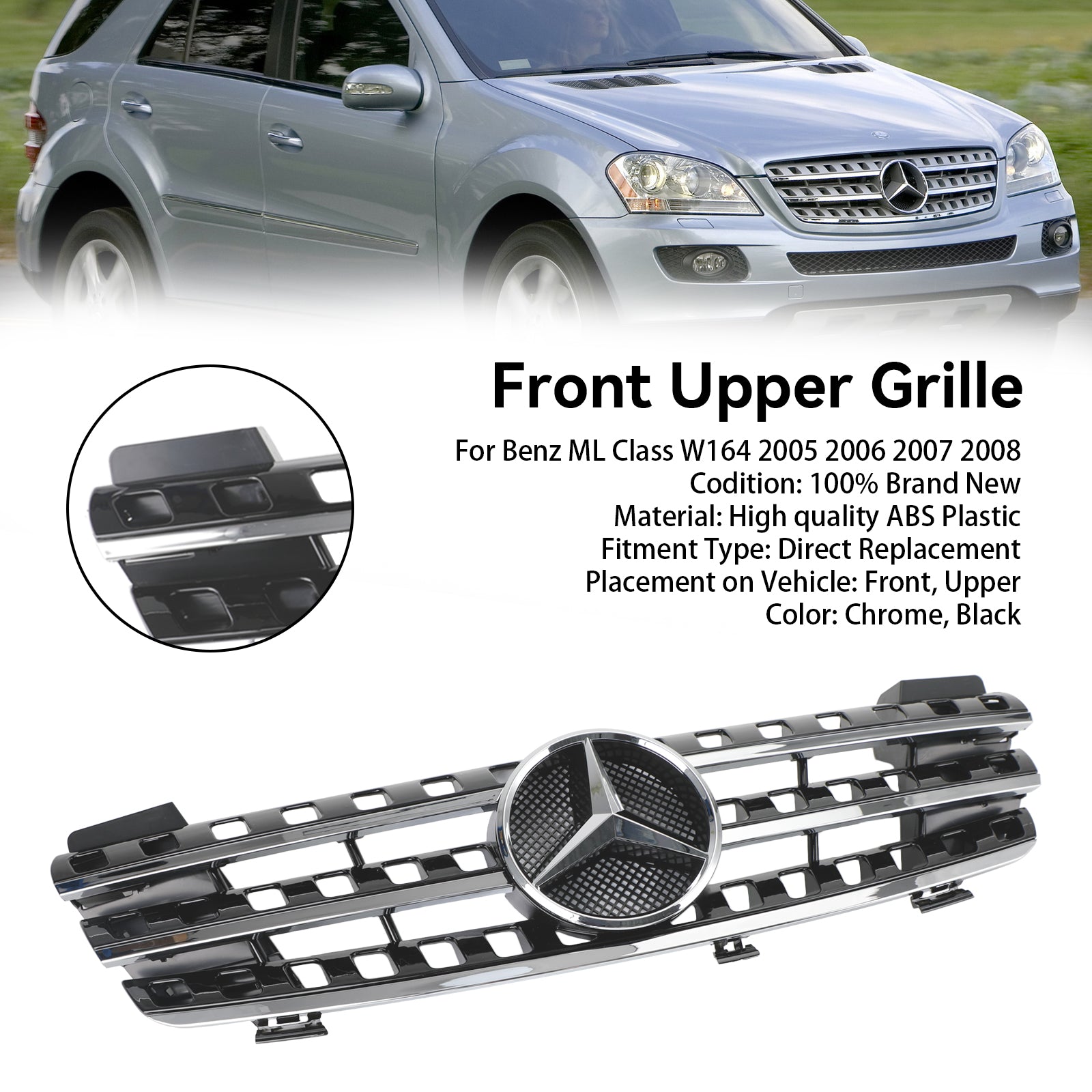 2005 2006 2007 2008 Mercedes ML-Class W164 Front Bumper Grille Grill Chrome/Black