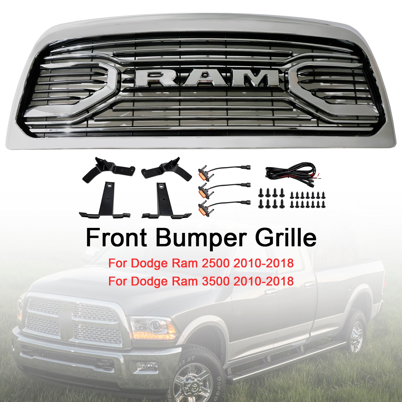 Dodge Ram 2500/3500 2010-2018 Laramie W/ Led Light Chrome Front Bumper Grille