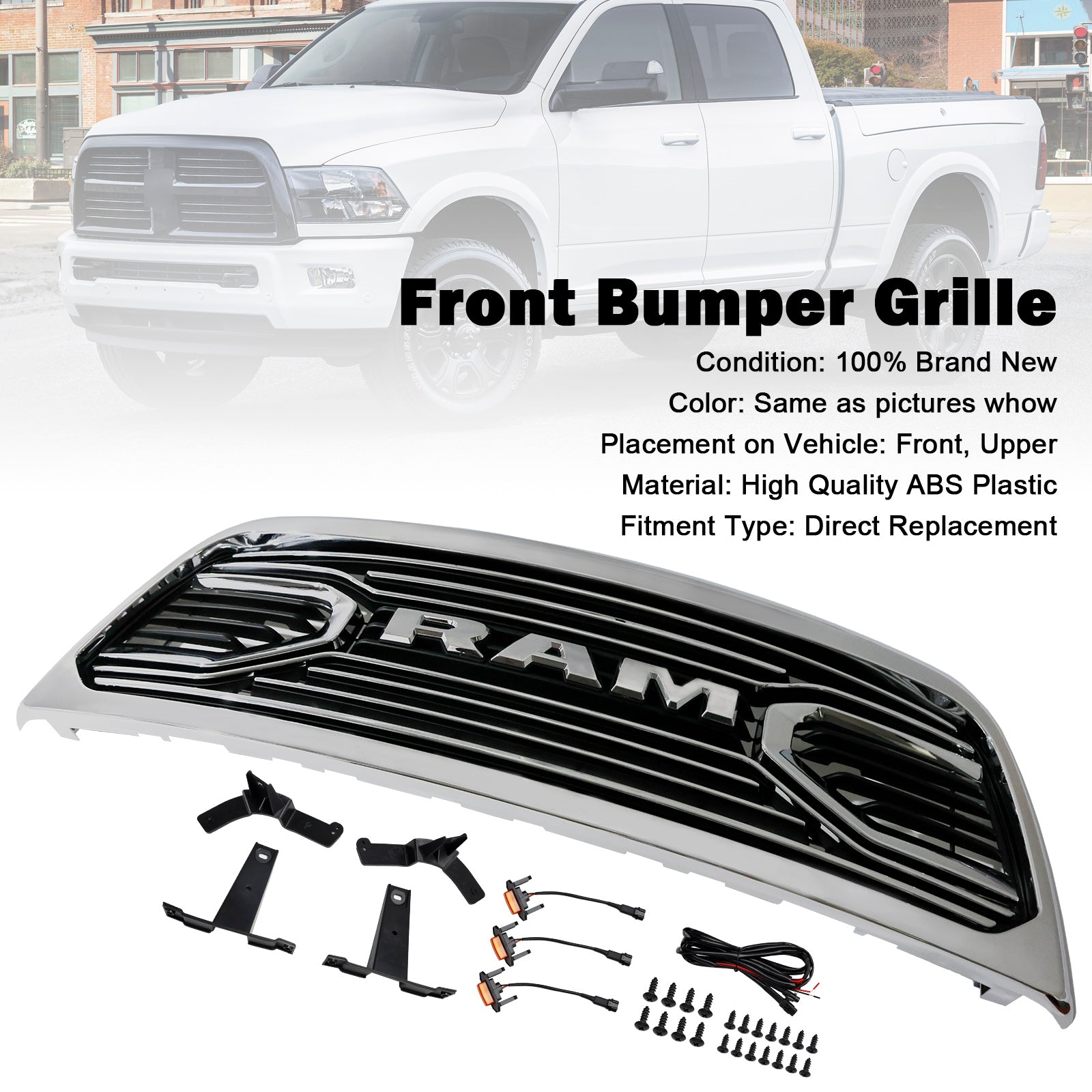 Dodge Ram 2500/3500 2010-2018 Laramie W/ Led Light Chrome Front Bumper Grille