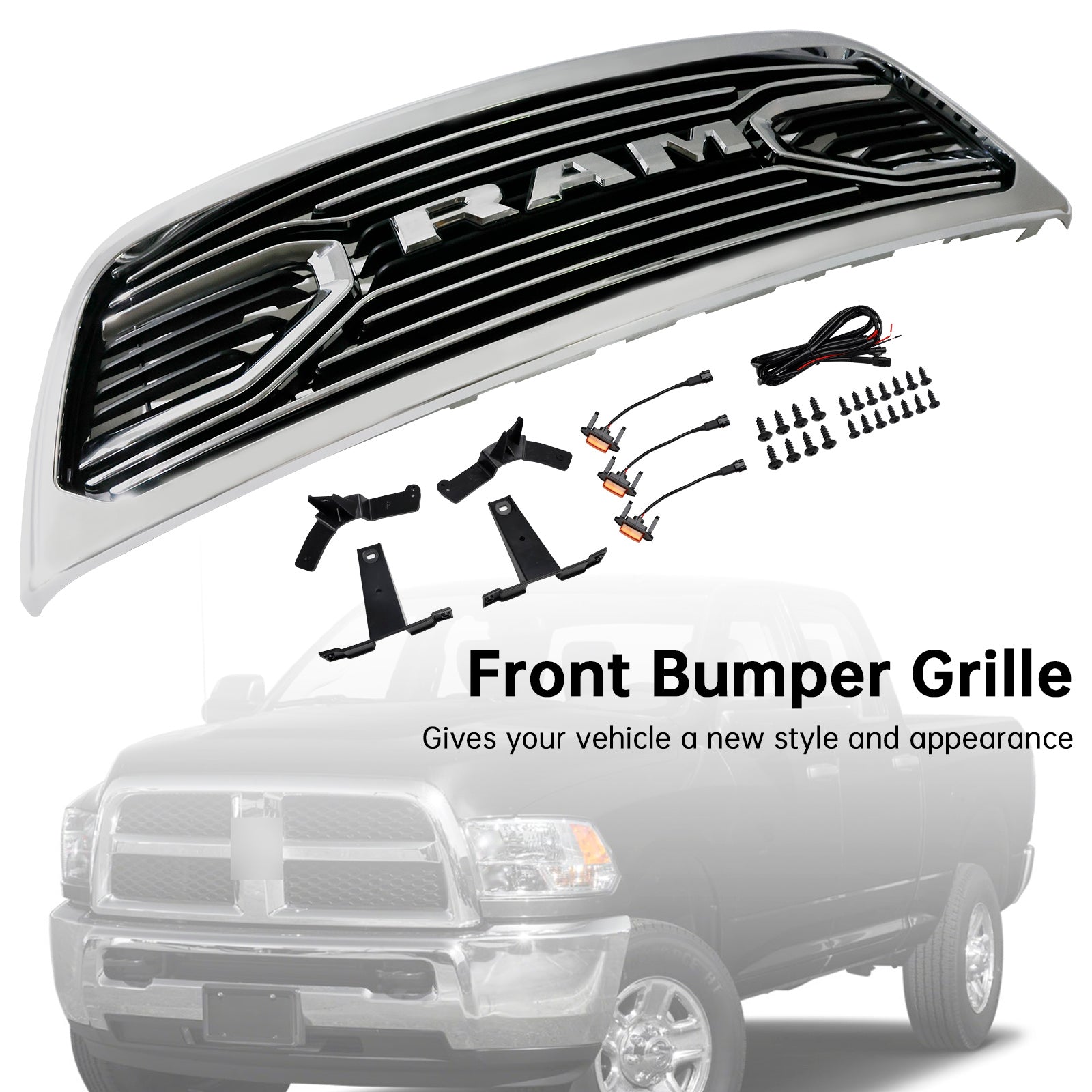 Dodge Ram 2500/3500 2010-2018 Laramie W/ Led Light Chrome Front Bumper Grille