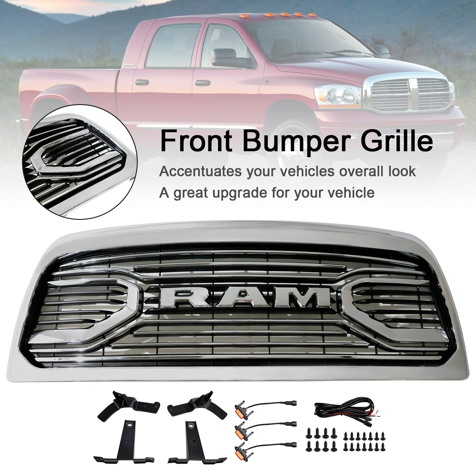 Dodge Ram 2500/3500 2010-2018 Laramie W/ Led Light Chrome Front Bumper Grille