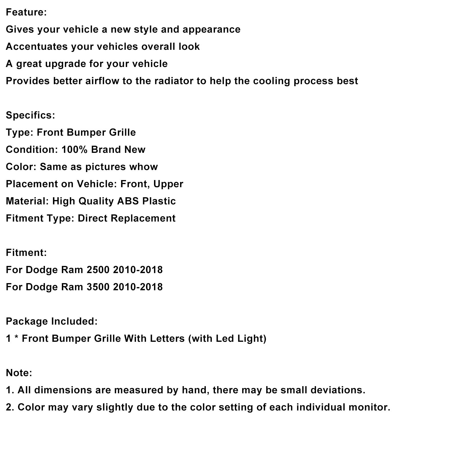 2010-2018 Dodge Ram 2500/3500 Laramie W/ Led Light Black Front Bumper Grille